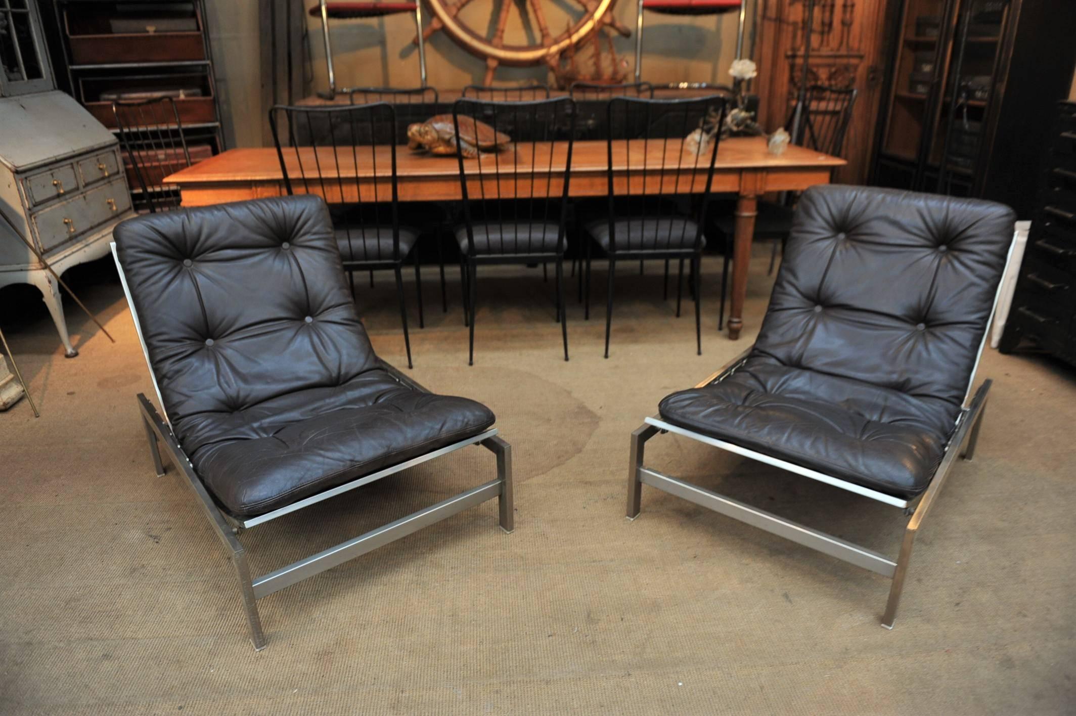 Pair of Leather and Iron Lounge Chairs by Guy Lefevre, 1970s 3