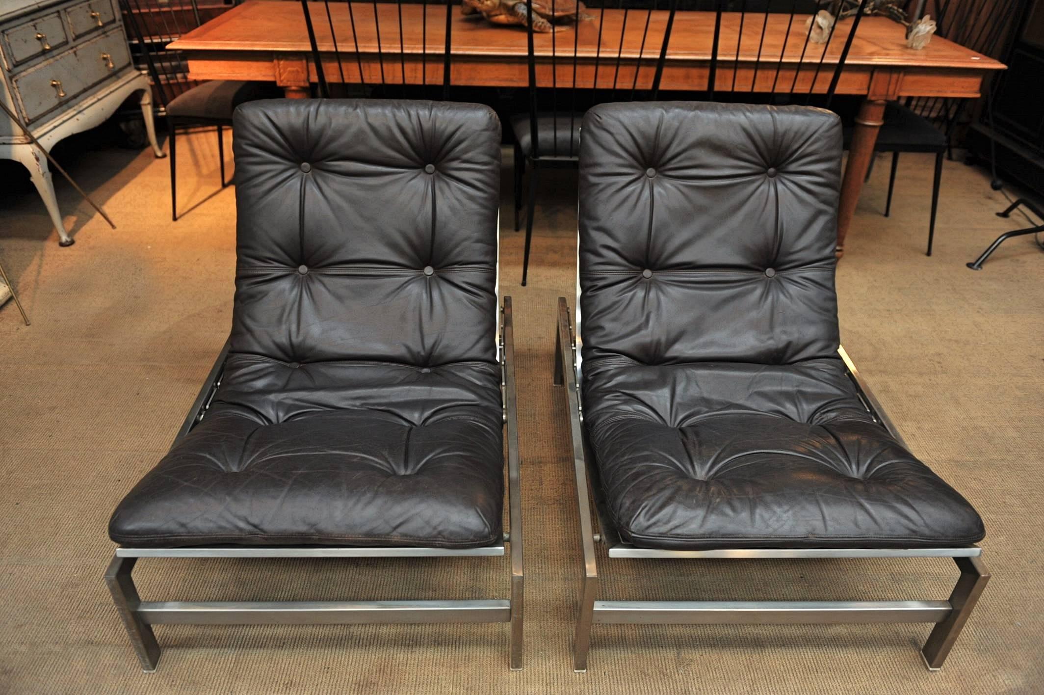 Mid-Century Modern Pair of Leather and Iron Lounge Chairs by Guy Lefevre, 1970s