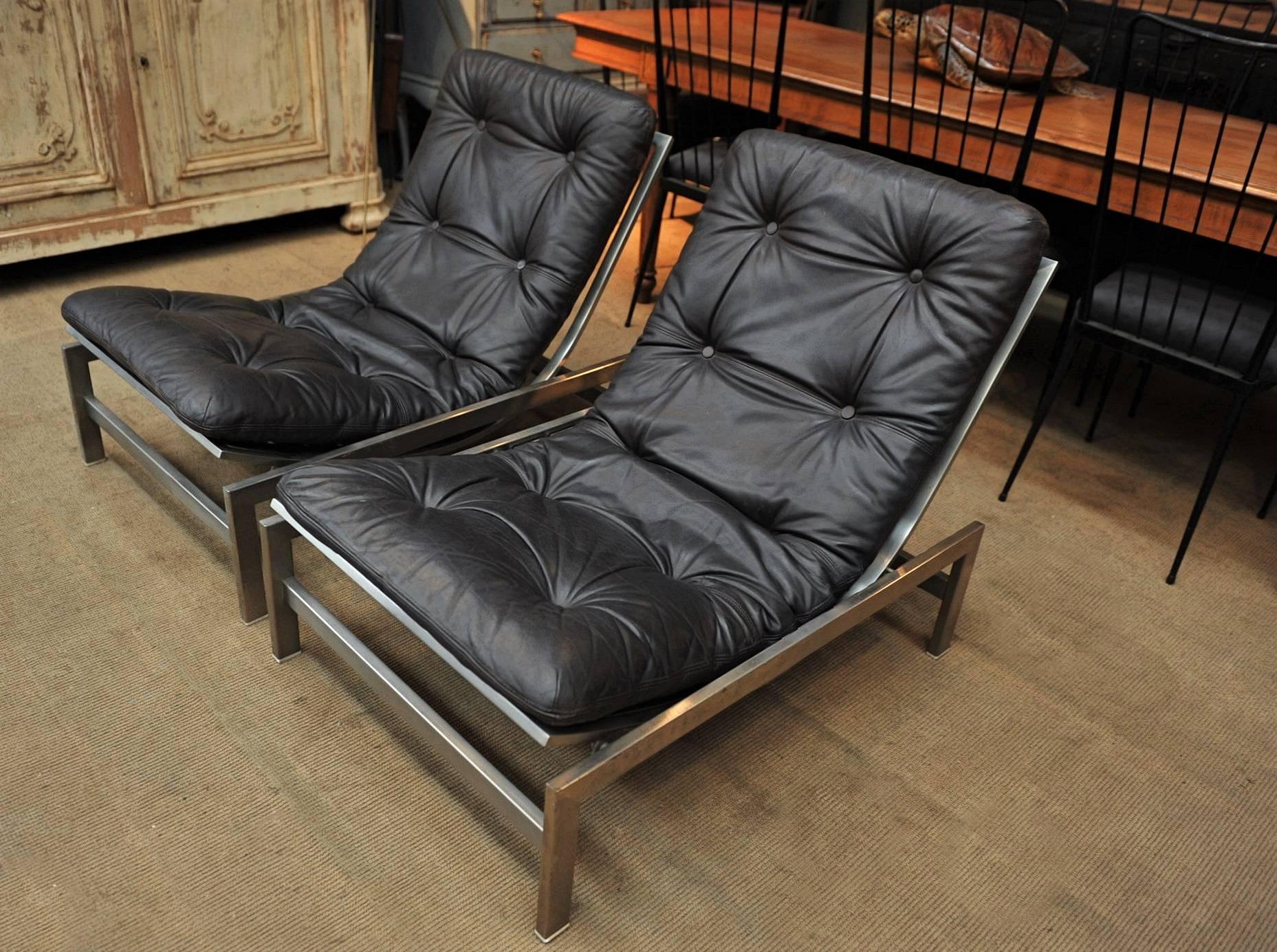 Pair of Leather and Iron Lounge Chairs by Guy Lefevre, 1970s In Good Condition In Roubaix, FR