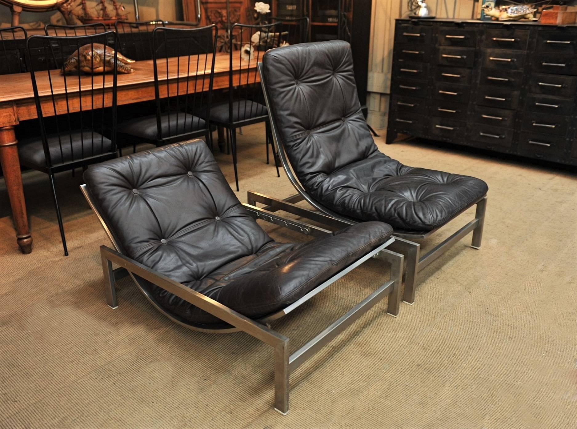 Pair of Leather and Iron Lounge Chairs by Guy Lefevre, 1970s 1