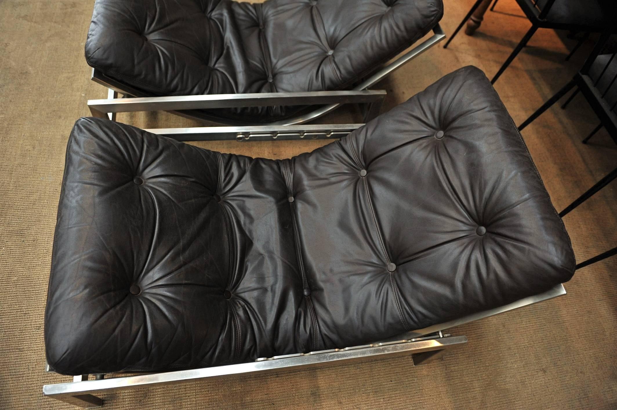 Pair of Leather and Iron Lounge Chairs by Guy Lefevre, 1970s 2