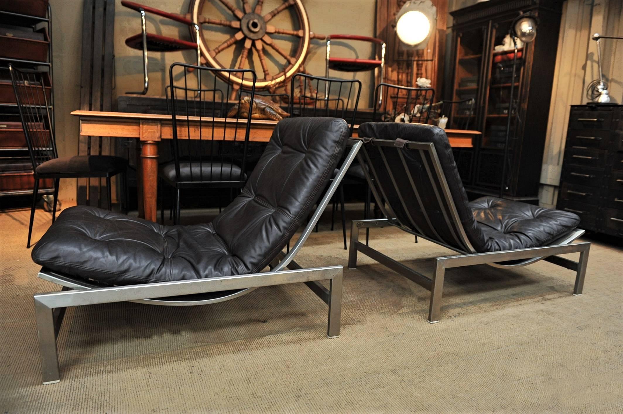 Late 20th Century Pair of Leather and Iron Lounge Chairs by Guy Lefevre, 1970s