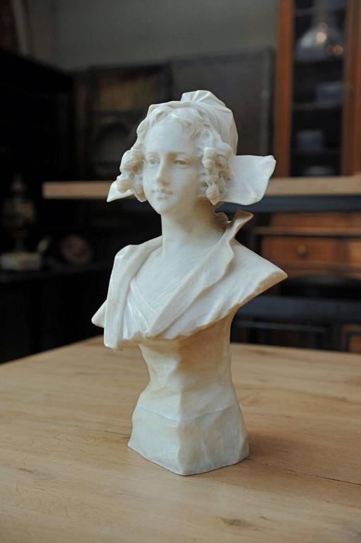 Antique Young Woman Alabaster Bust Statue Signed G Pochini For Sale at