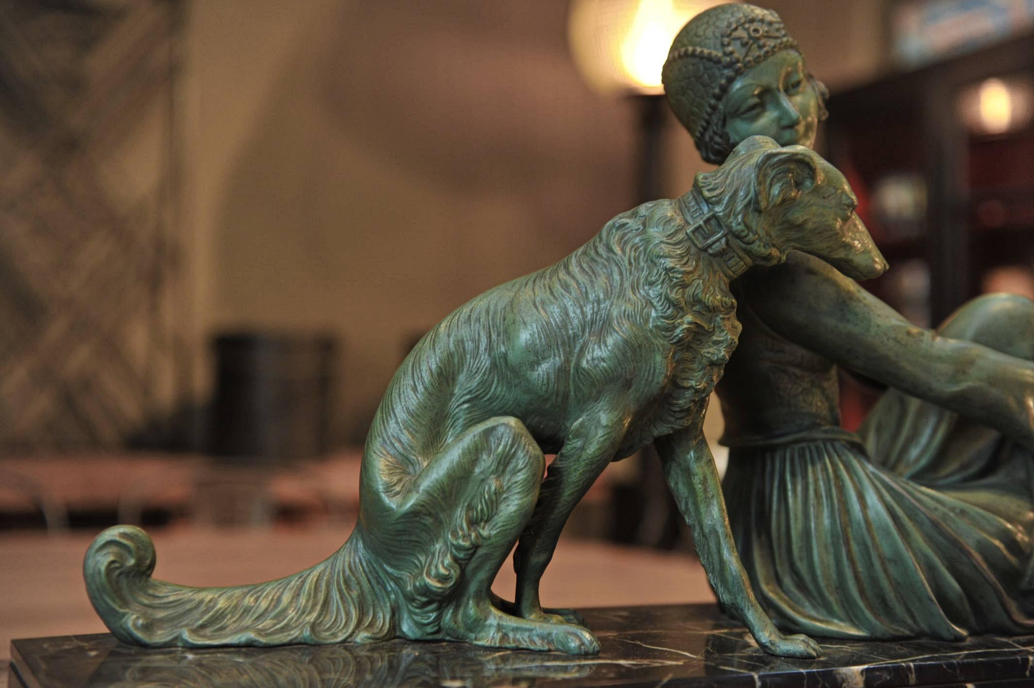 Metal Art Deco Régule Sculpture Large Statue on Marble Base, circa 1930