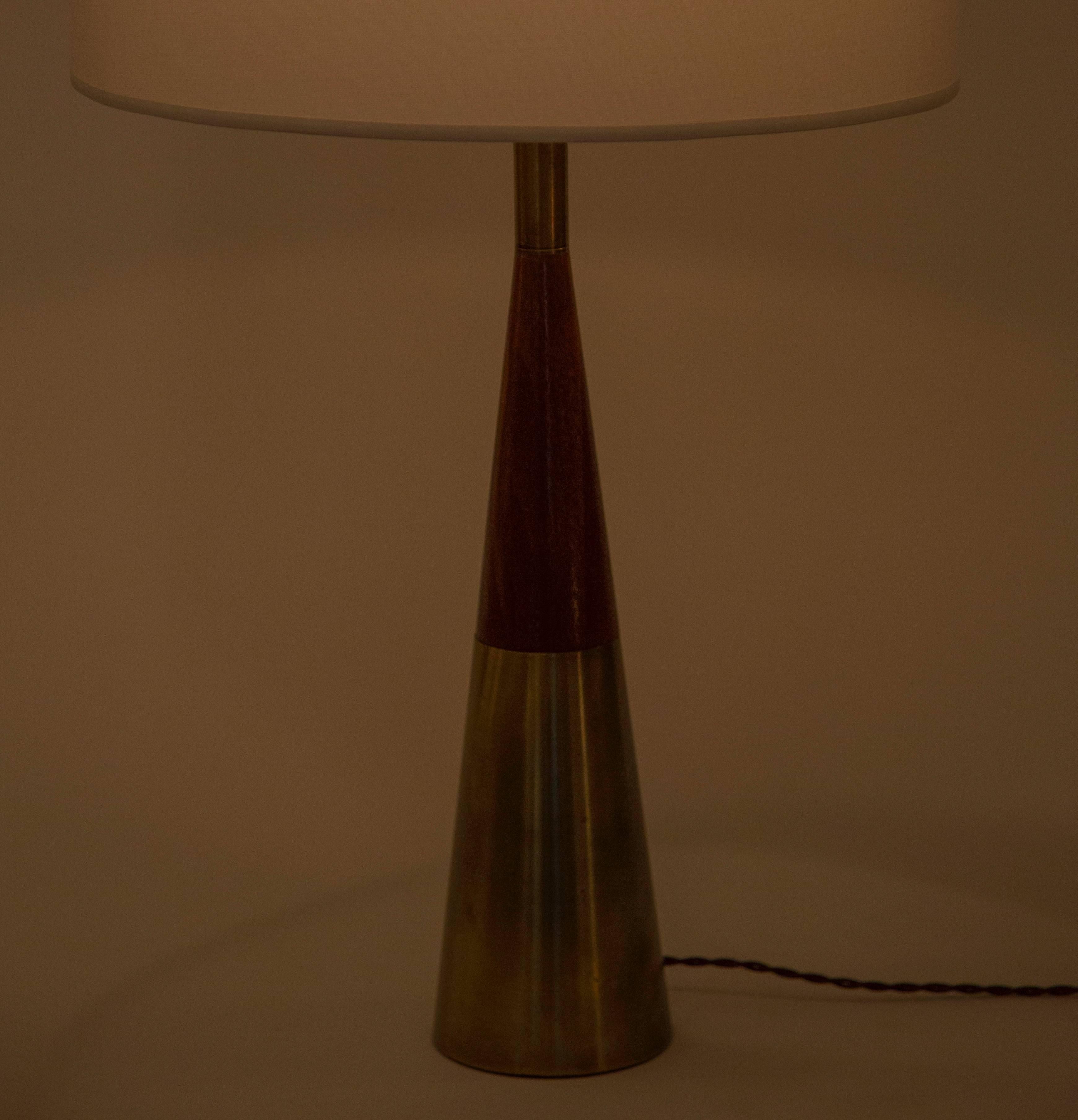 1950s Tony Paul Table Lamps for Westwood. Executed in patinated brass and solid walnut. Classic California Mid Century design.