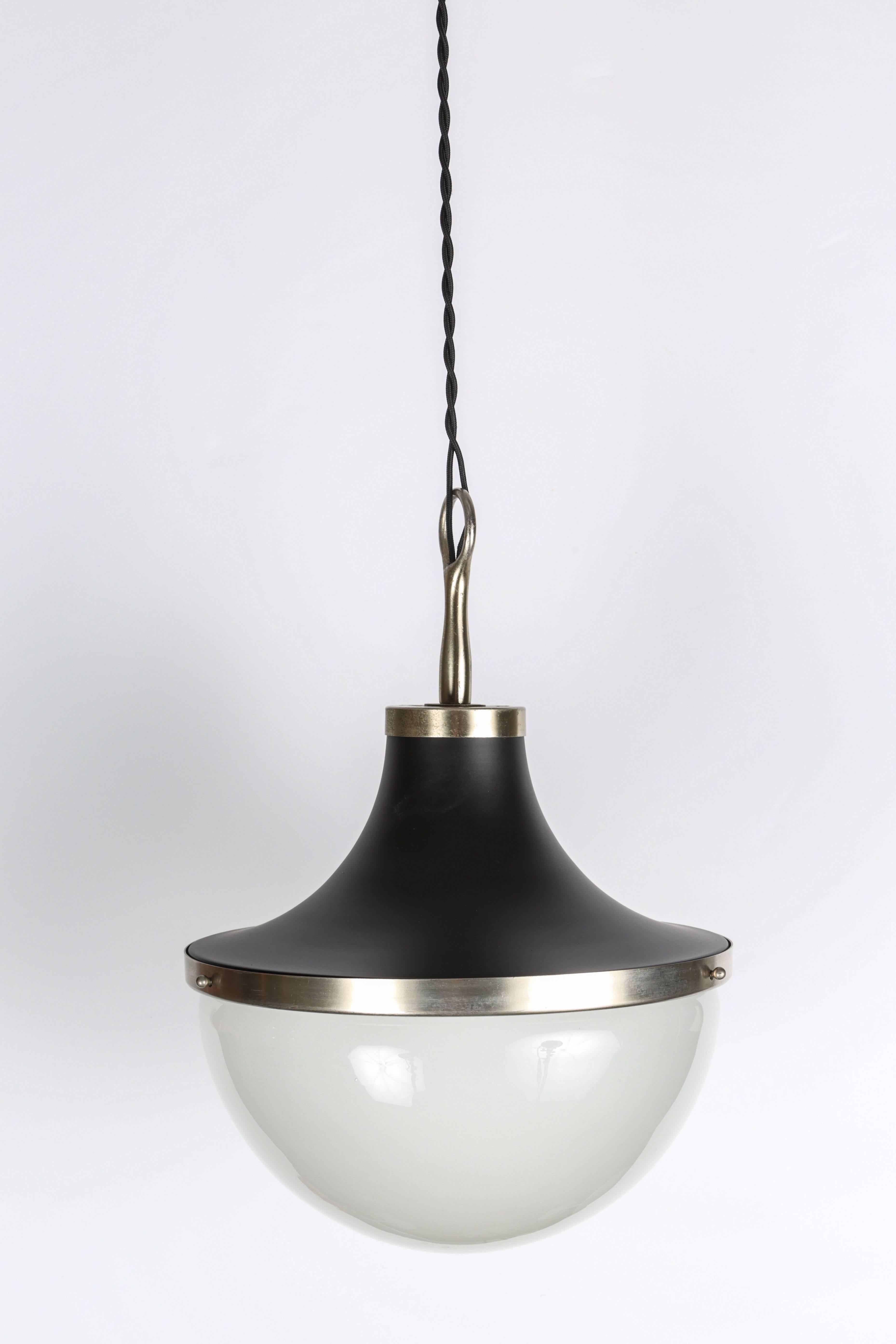 1960s Sergio Mazza 'Pi' Pendant for Artemide. Executed in black painted metal, nickeled brass and opaline glass, Italy, circa 1962.
