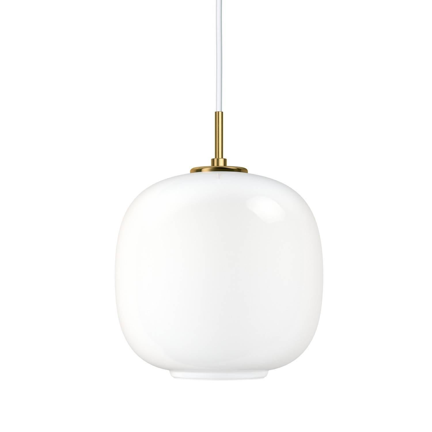 Vilhelm Lauritzen VL45 'Radiohus' pendants for Louis Poulsen. Executed in hand blown glossy white opal glass, brushed brass pendant tube, white metal canopy and white cord. This listing is for the smaller sized pendant. Also available in larger 17.6