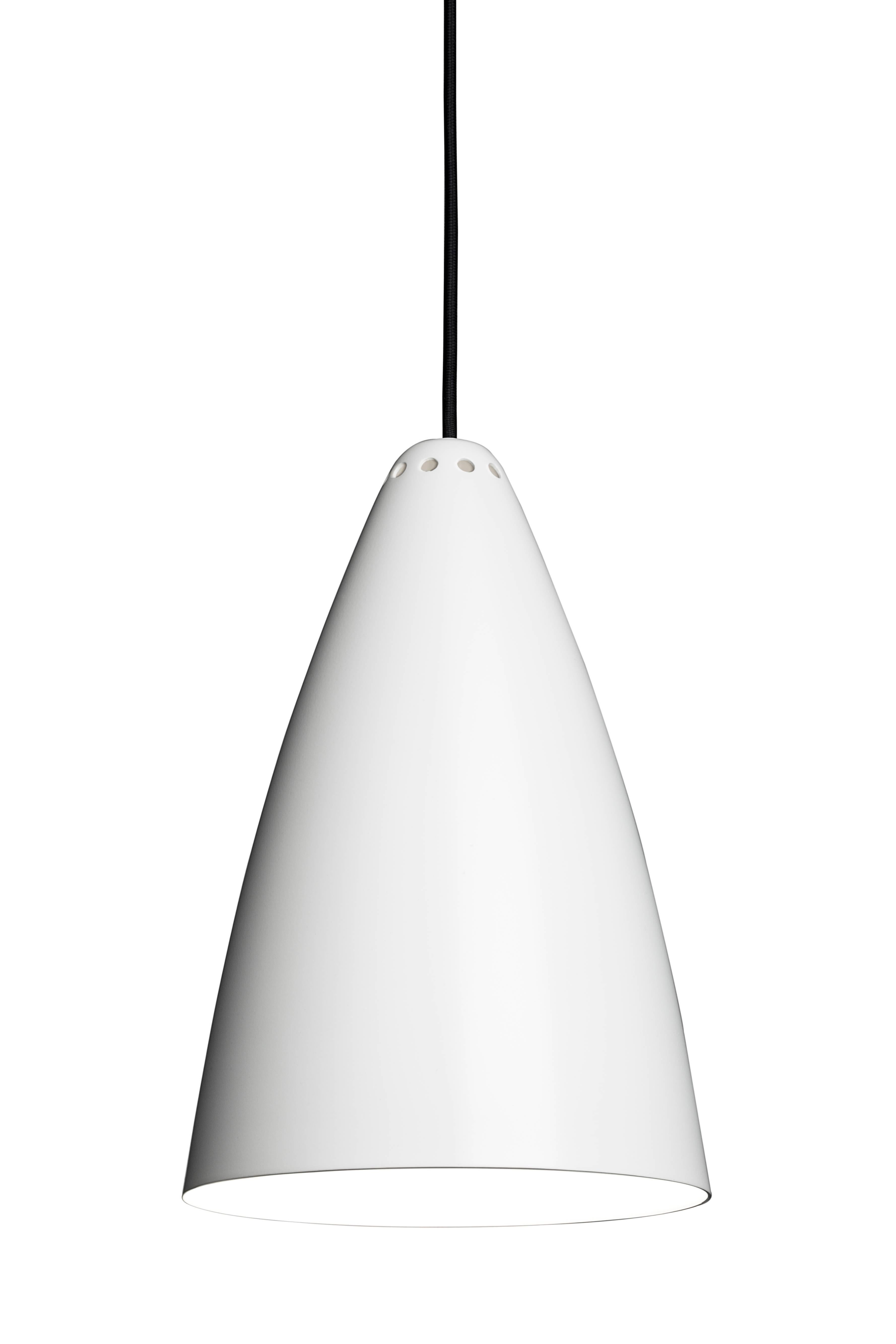 Lisa Johansson-Pape '1959' gray pendant for Innolux Oy. Originally designed in 1959, these authorized re-editions are true to the original charming simplicity of Pape's iconic Finnish design. The white interior of each metallic shade efficiently
