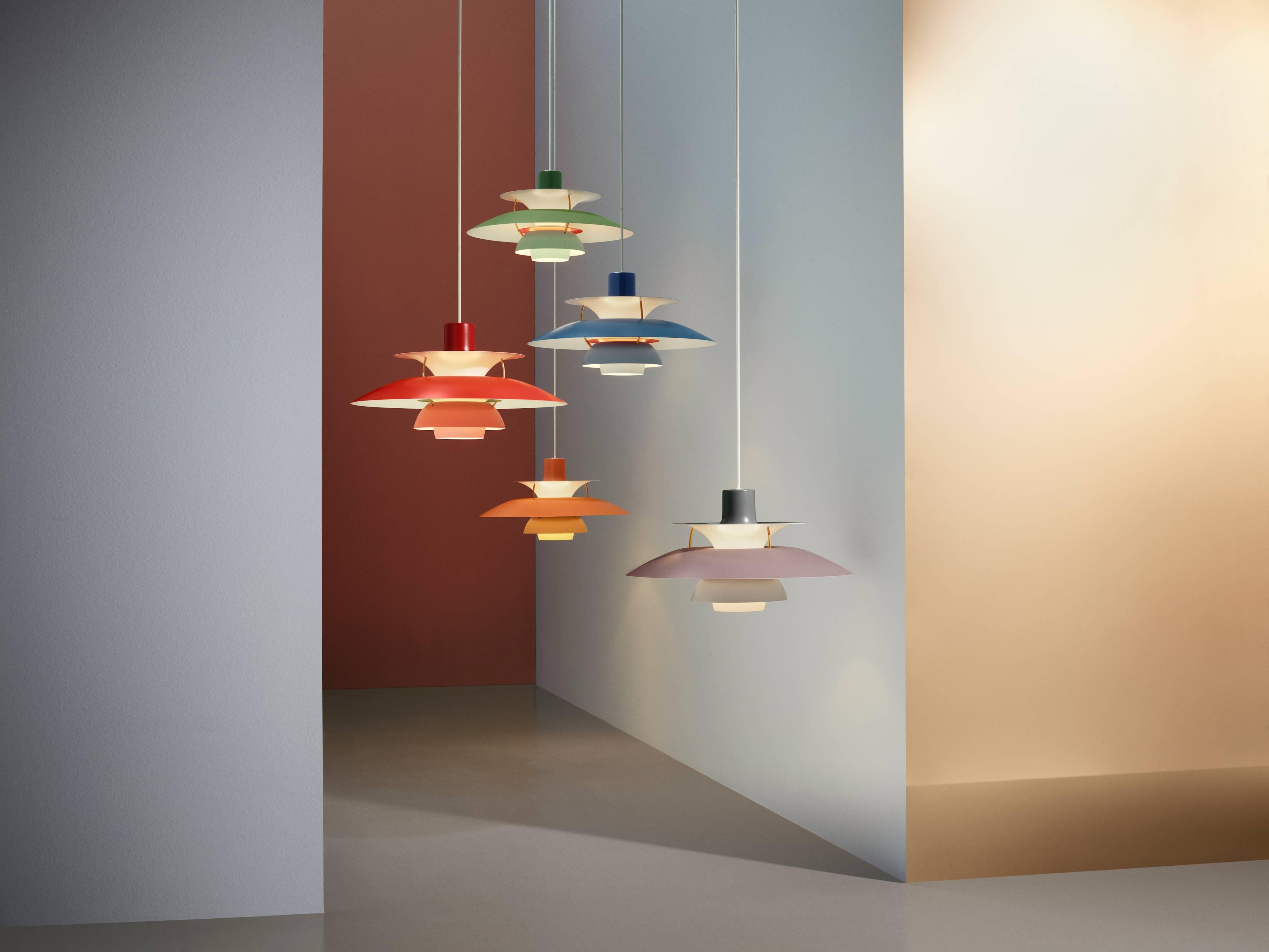 Poul Henningsen PH 5 pendant for Louis Poulsen in red. Poul Henningsen introduced his iconic PH 5 pendant light in 1958. Six decades later, the PH 5 remains the bestselling design in the Louis Poulsen's portfolio. The PH 5's painted metal shades