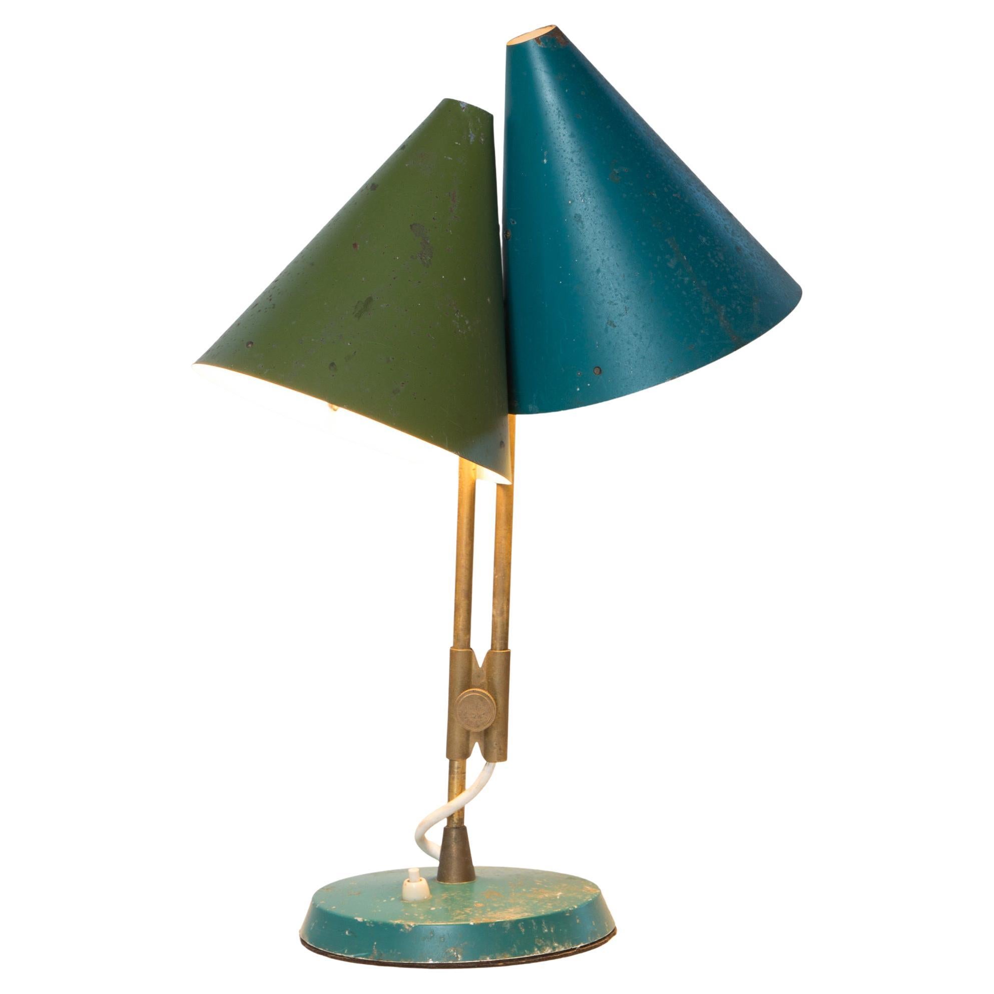 1959 Bent Karlby 'Mosaik' adjustable brass & lacquered metal table lamp for Lyfa. A wonderfully patinated table lamp executed in two shades of green lacquered metal with adjustable brass arms that raise and lower with a knob to set position. This