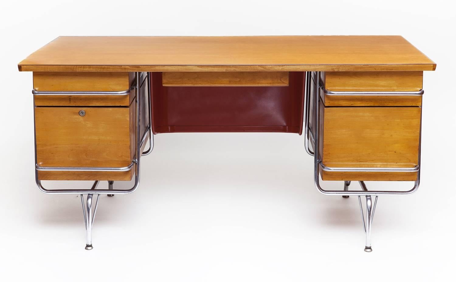 Heywood-Wakefield chrome tubular frame desk with custom maple replacement top, red metal panel and matching desk chair in the manner of KEM Weber, circa 1950s.