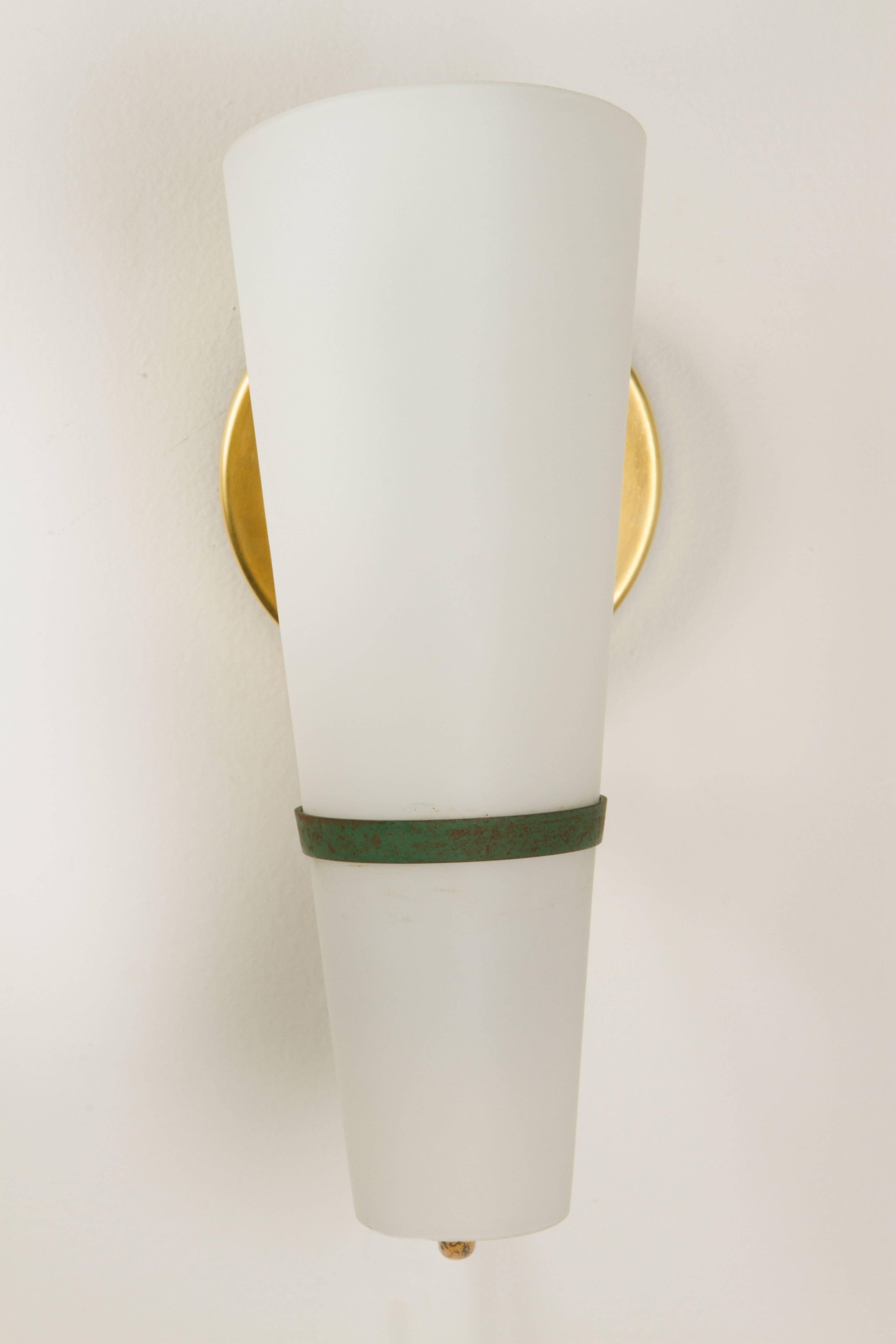 1950s Stilnovo sconces. Executed in opaline glass, brass and green enameled metal, circa 1950s, Italy. 

Price is for the set of three.