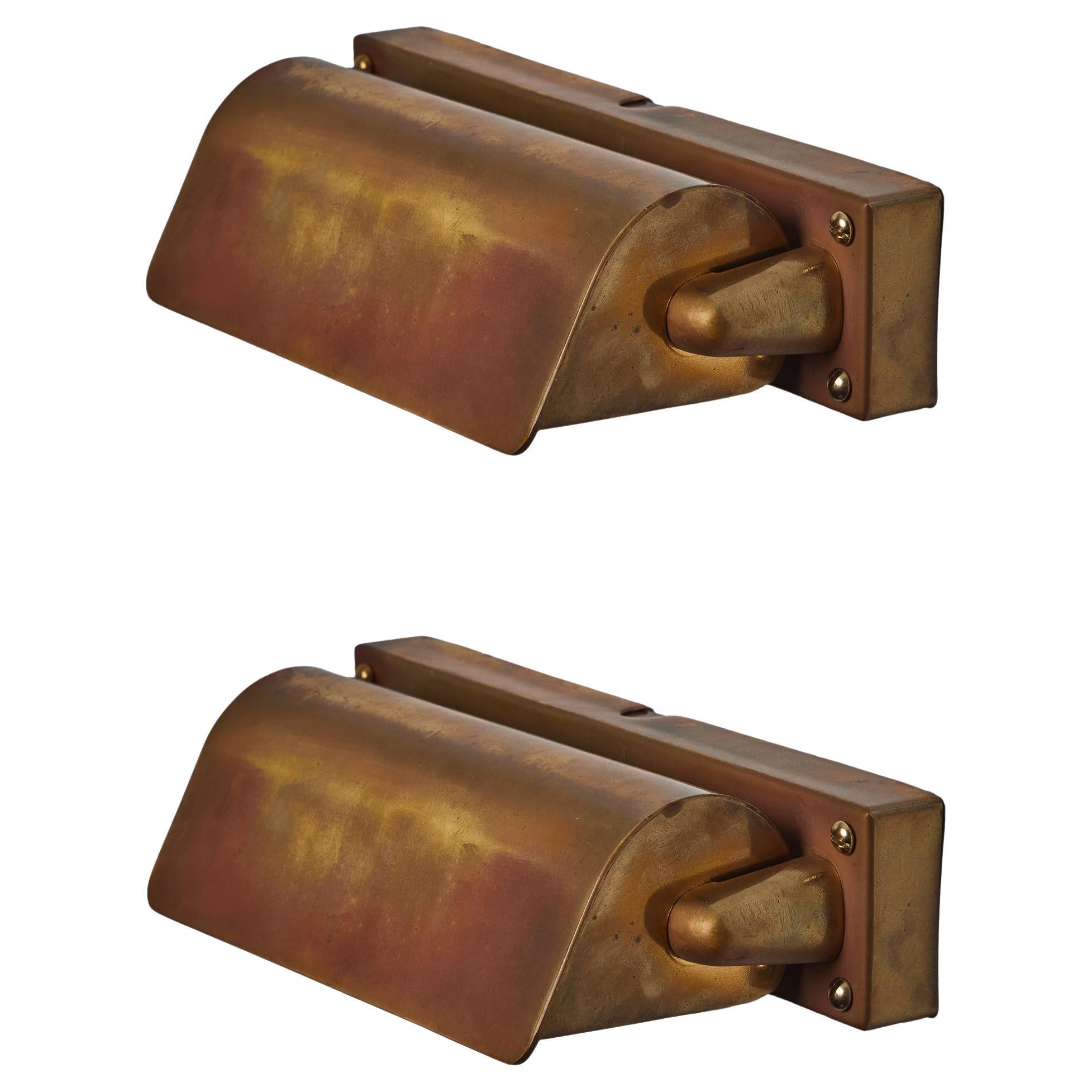 Pair of 1930s Finnish Patinated Brass Wall Lights Attributed to Paavo Tynell