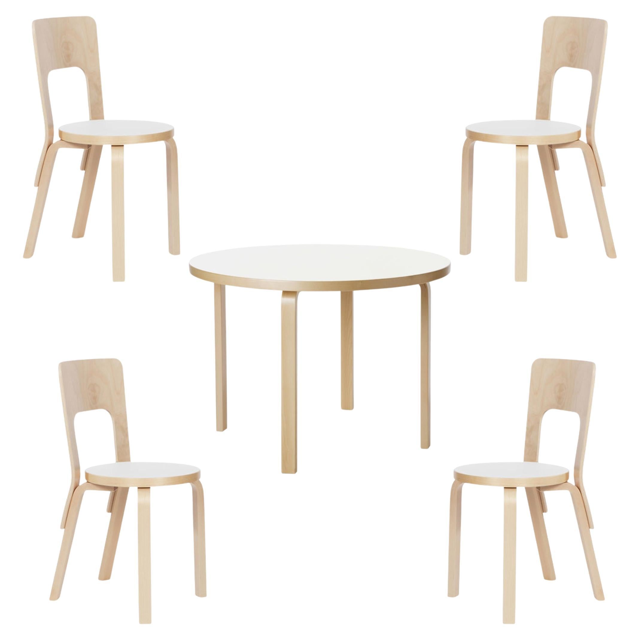 Alvar Aalto Birch & White Laminate Table 90A and Chair 66 Dining Set for Artek For Sale