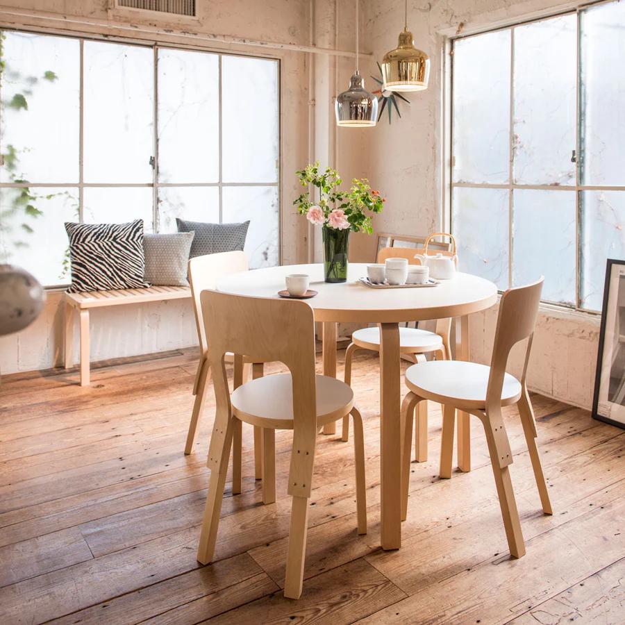 Finnish Alvar Aalto Birch & White Laminate Table 90A and Chair 66 Dining Set for Artek For Sale