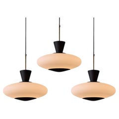 1950s Stilux Milano Opaline Glass & Perforated Painted Metal Pendant