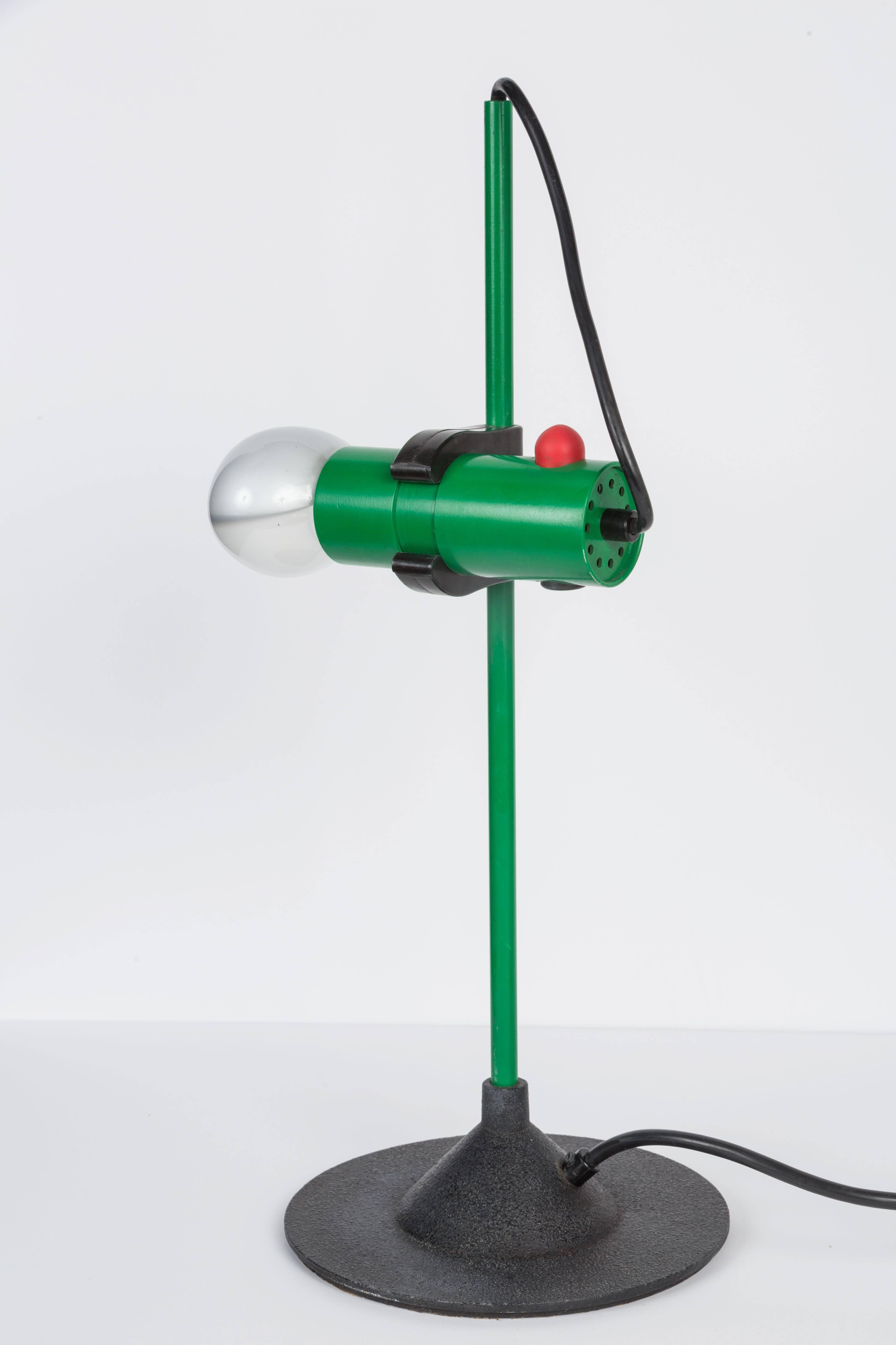 1980s Barbieri & Marianelli Table Lamp for Tronconi. Executed in black matte metal, green plastic, red on/off button and black cord with original Cornalux bulb.