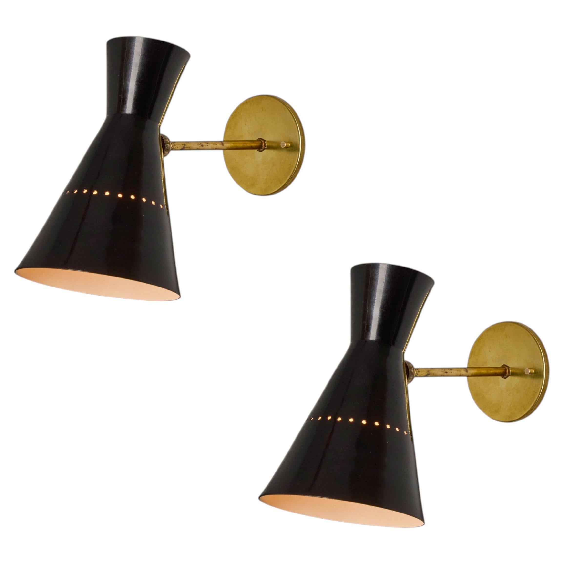 Pair of Black 1950s Perforated Metal Diabolo Sconces attributed to Stilnovo For Sale