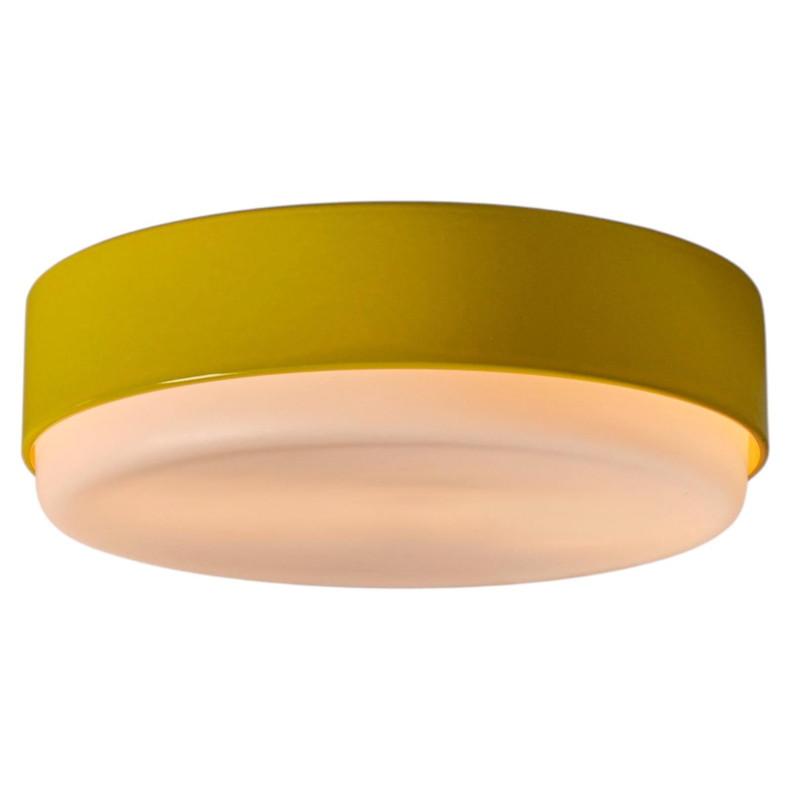1970s Stilnovo Yellow Painted Metal and Opaline Glass Wall or Ceiling Lamp For Sale