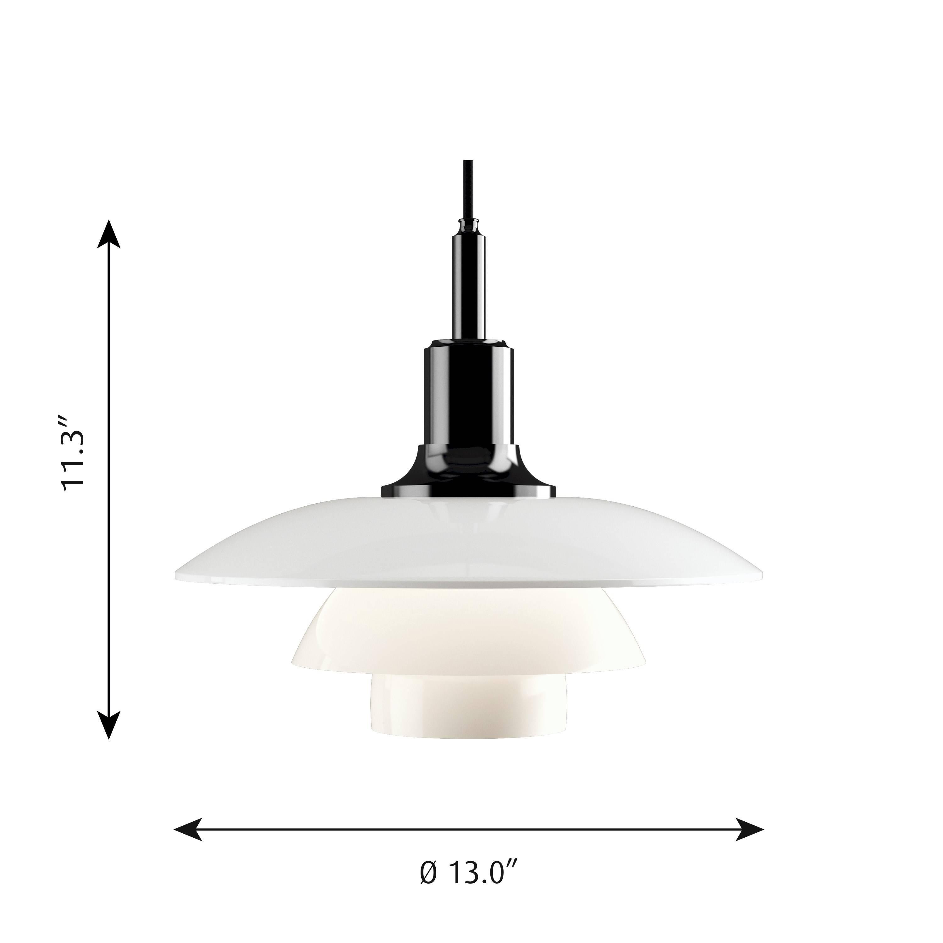 Poul Henningsen Glass PH 3½-3 Pendant for Louis Poulsen in Black Metallized

Executed in white opal glass and choice of brass, chrome or black metallized frame. The mouth-blown white opal glass shades soften the overall look of the lamp and