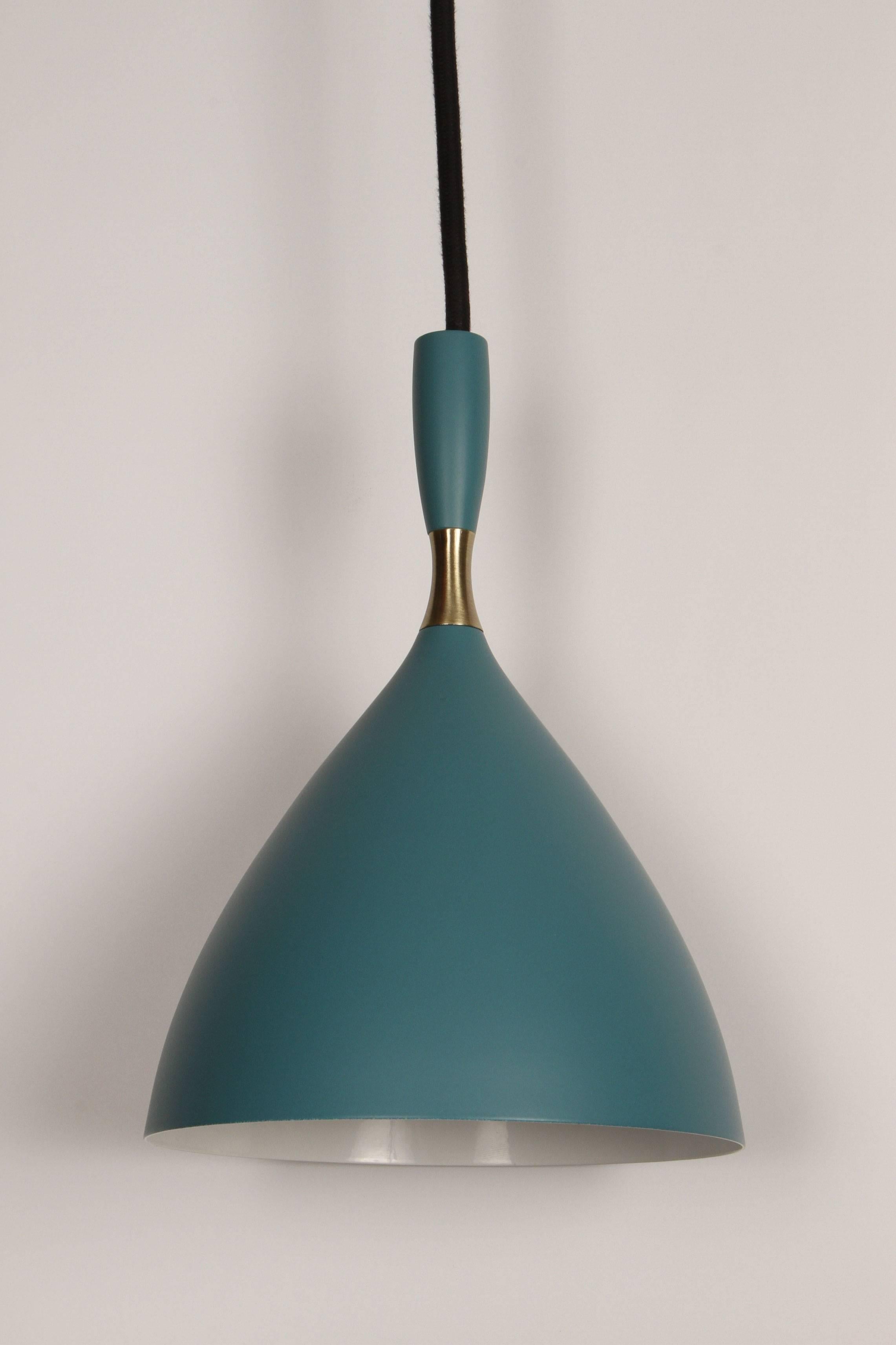 Birger Dahl pendant in the style of Stilnovo. This architectural pendant light was designed, circa 1954 in Norway and executed in blue-green enameled metal with exquisite brass detail. 36