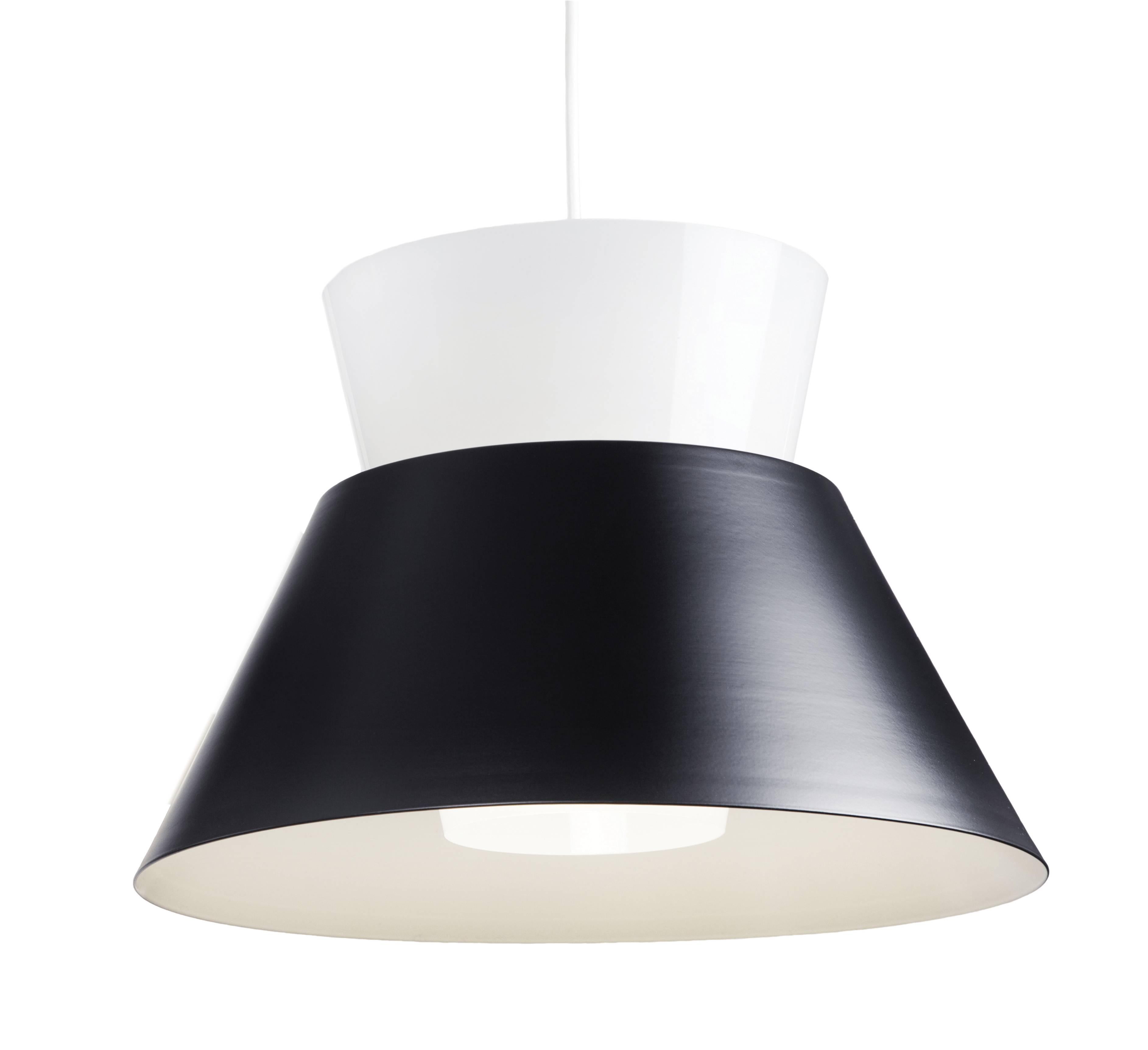 Yki Nummi '1955' pendant for Innolux Oy, Finland. Designed in 1955, Nummi's innovative design is formed by two cone-shaped shades, the top is of white acrylic and the bottom pressure turned painted aluminum. As Nummi once astutely observed, “People