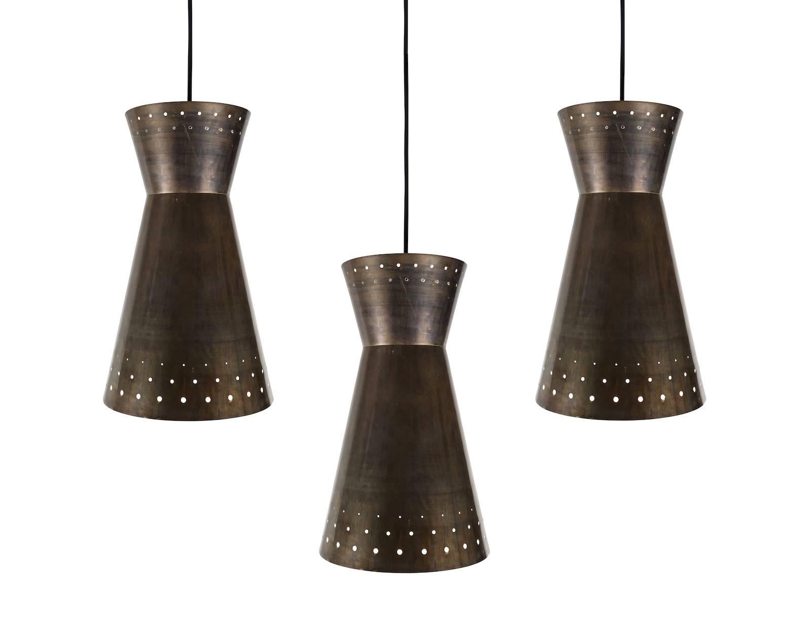 Large 1950s Italian Perforated Brass Double-Cone Pendants 1