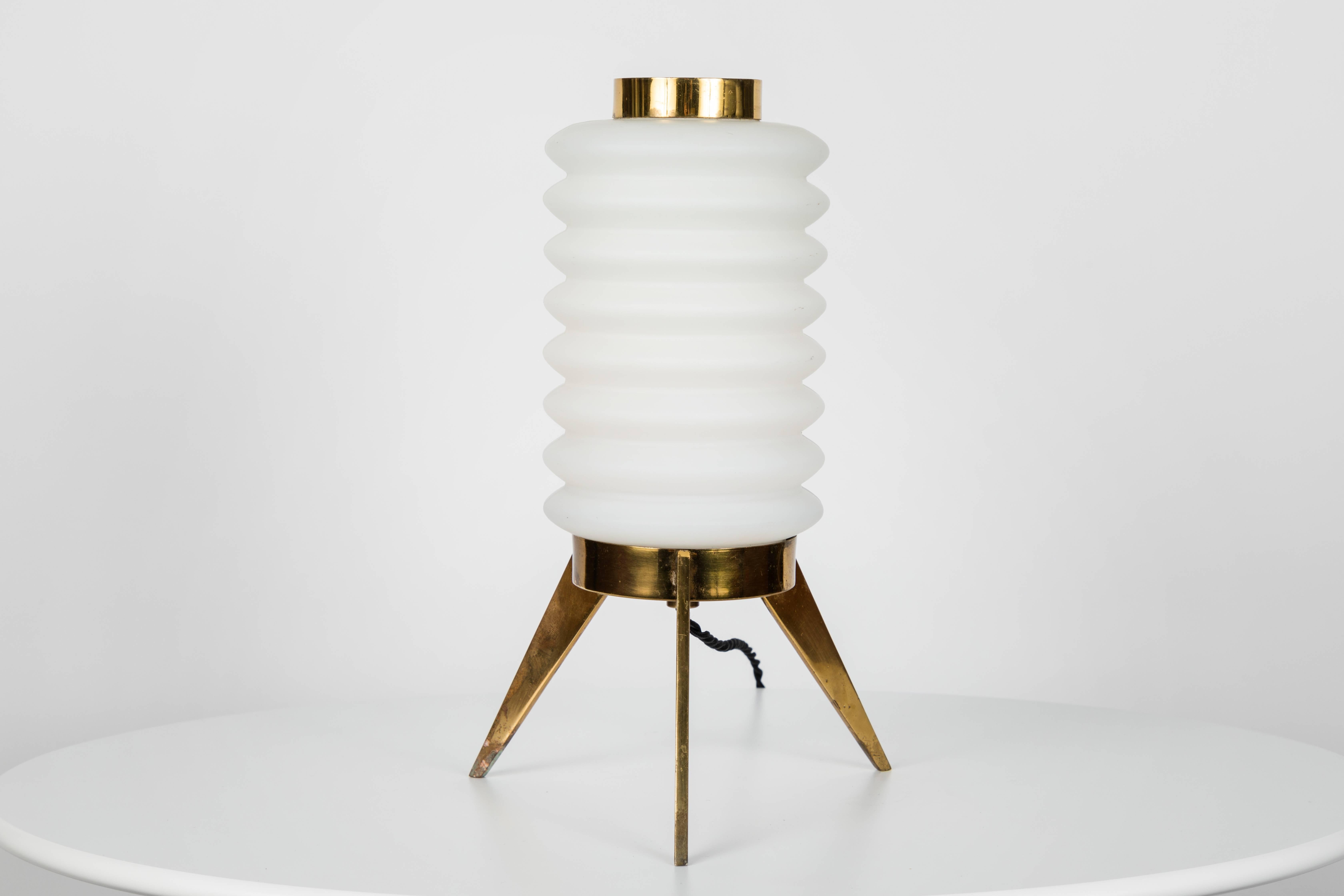Mid-Century Modern 1950s Angelo Lelli Glass and Brass Tripod Table Lamp for Arredoluce