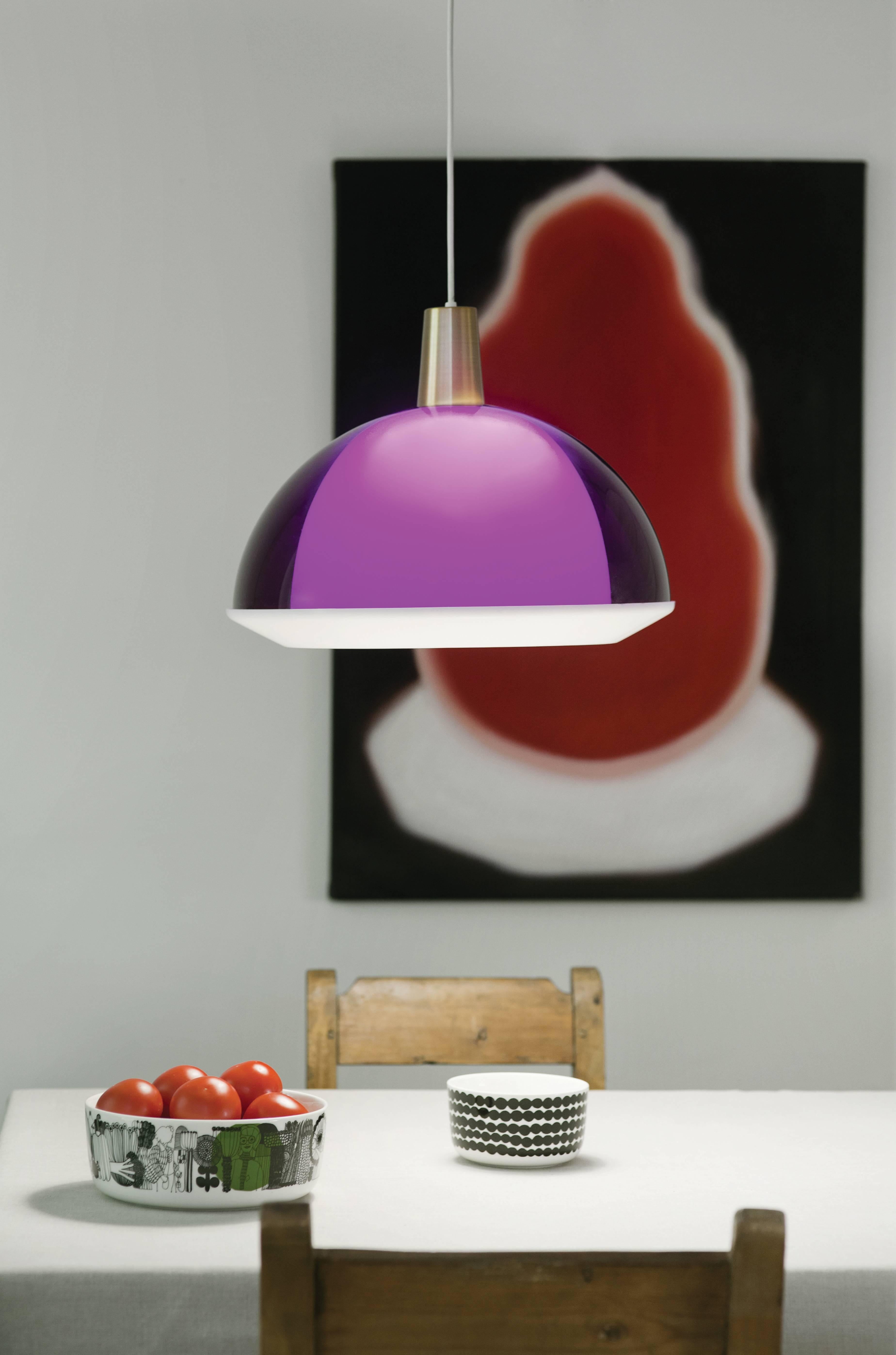 Yki Nummi Purple 'Kuplat' Pendant for Innolux Oy, Finland. Designed in 1959, Nummi's iconic light consists of two acrylic shades of different colors, one nesting inside the other. The name Kuplat means bubbles in Finnish. As Nummi once astutely