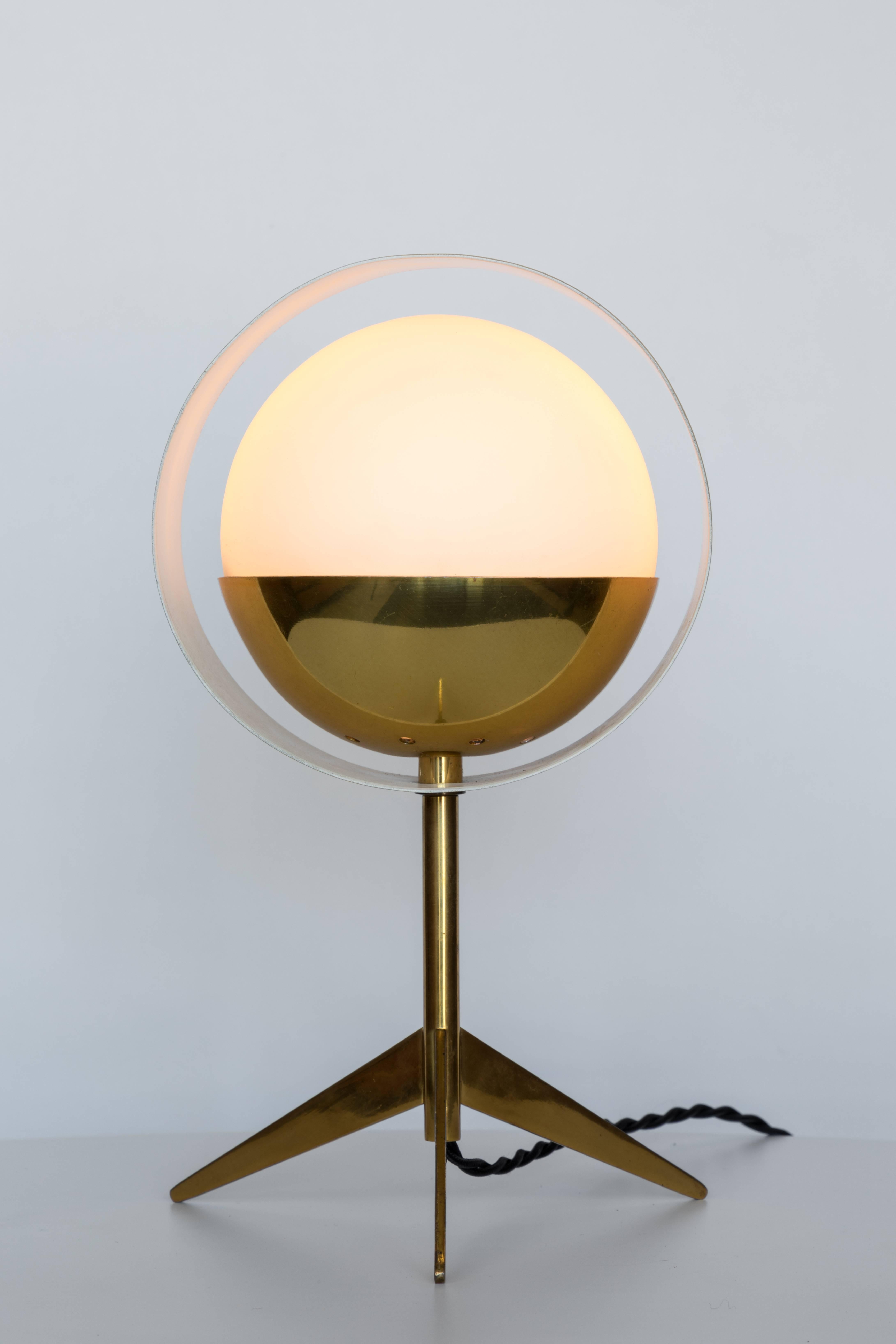 1950s Stilux Milano Brass and Glass Tripod 'Saturno' Table Lamp at 1stDibs