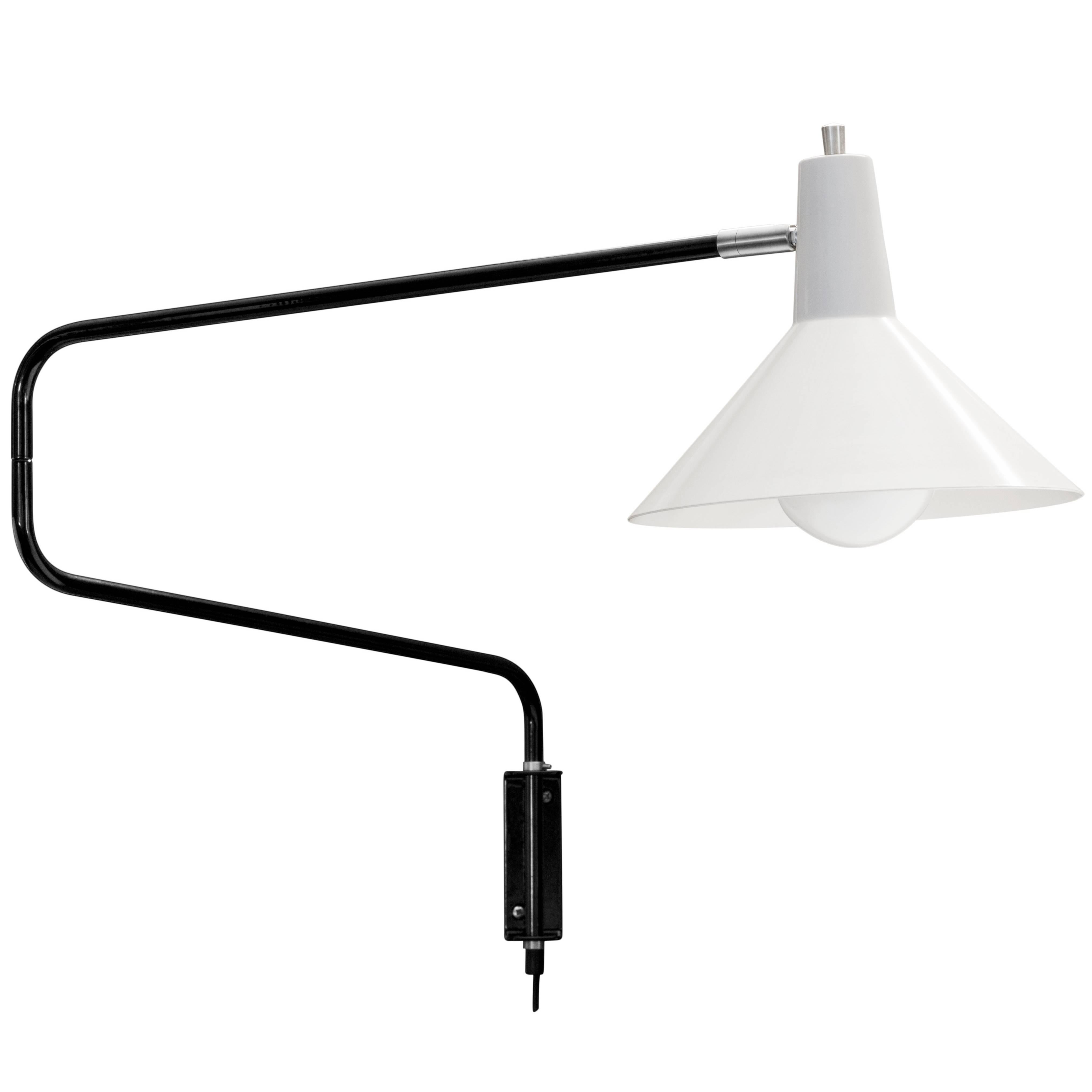 J.J.M. Hoogervorst gray paperclip wall light for Anvia. Hoogervorst's most popular 1950s design, this lamp remains a highly sought after icon of Dutch modernism. The 'elbow' arm when folded measures 27.5 in. wide, but can be extended to a maximum