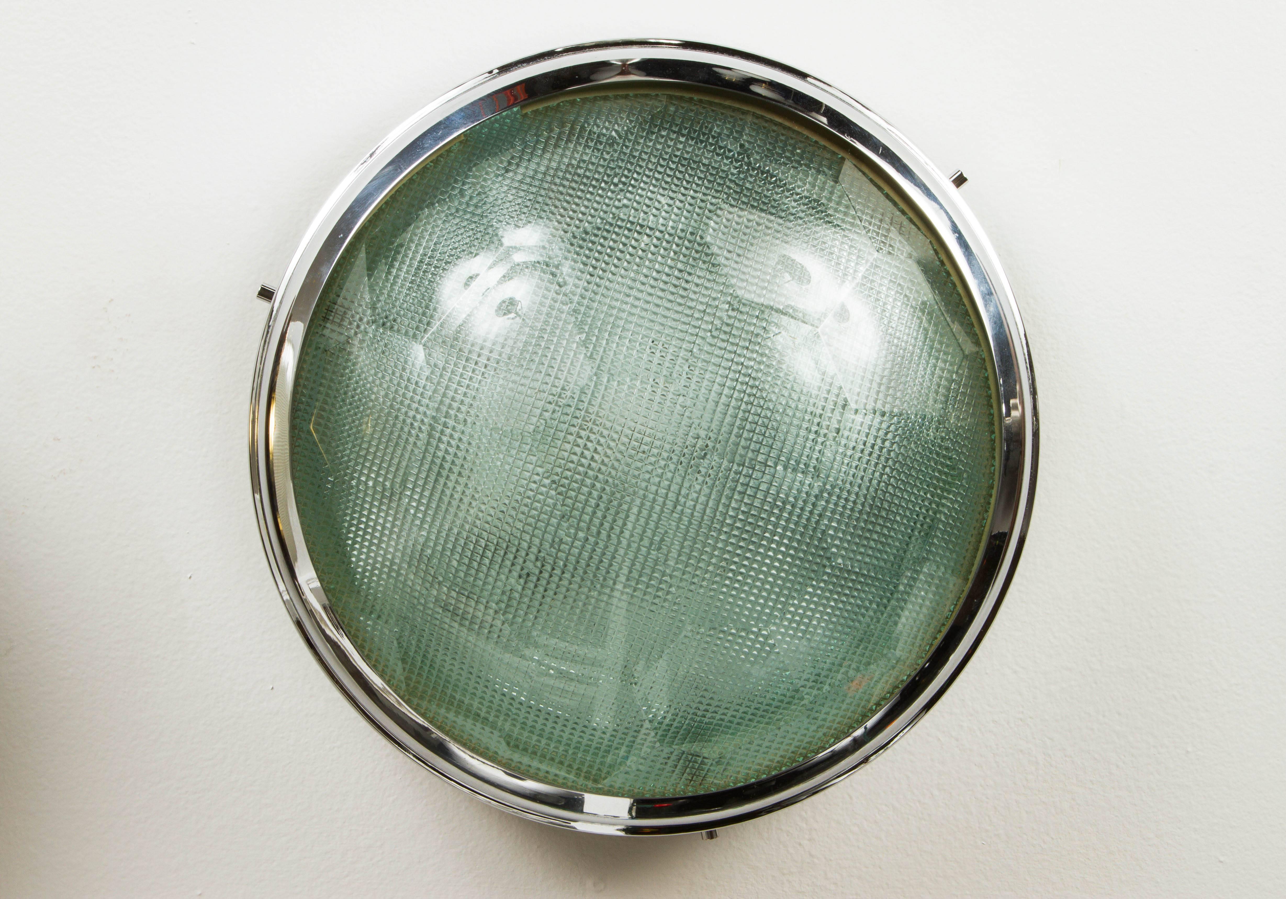 1960s Max Ingrand wall or ceiling light for Fontana Arte. A true Italian gem executed in shiny chrome with dual glass sections etched green with jewel like appearance. A uniquely refined modernist design by a highly collectible icon.
