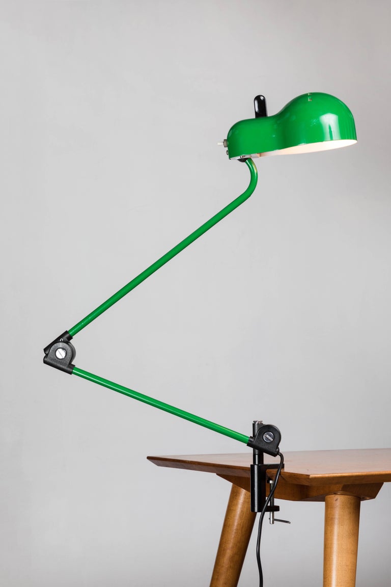 Joe Colombo 'Topo' task light for Stilnovo, circa 1970s. Executed in green enameled metal and plastic with chrome and black plastic details. Manufacturer's stamp: 