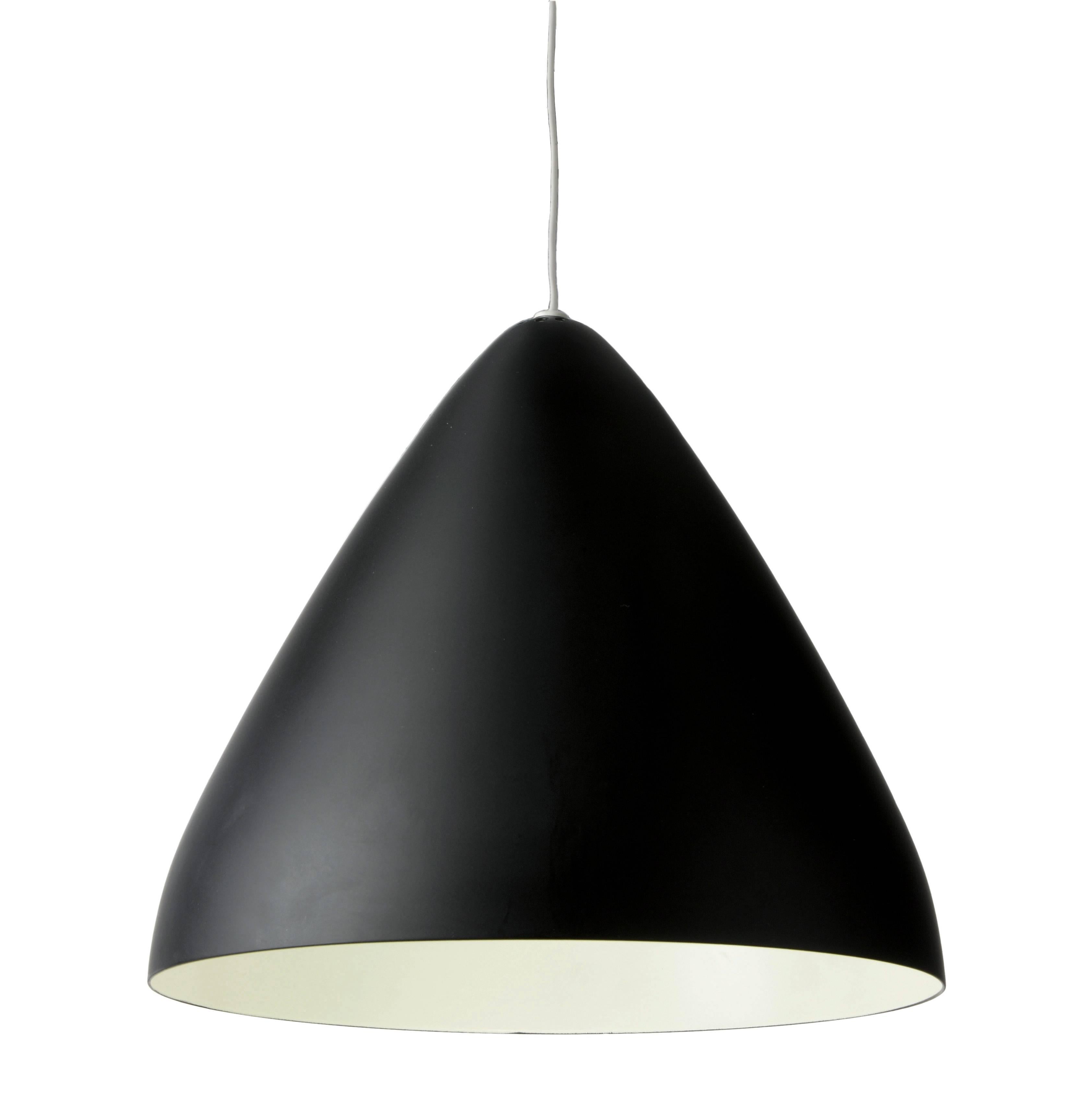 Lisa Johansson-Pape '1957' Gray Pendant for Innolux Oy. Originally designed in 1957, these authorized re-editions are true to the original charming simplicity of Pape's iconic Finnish design. The white interior of each metallic shade efficiently