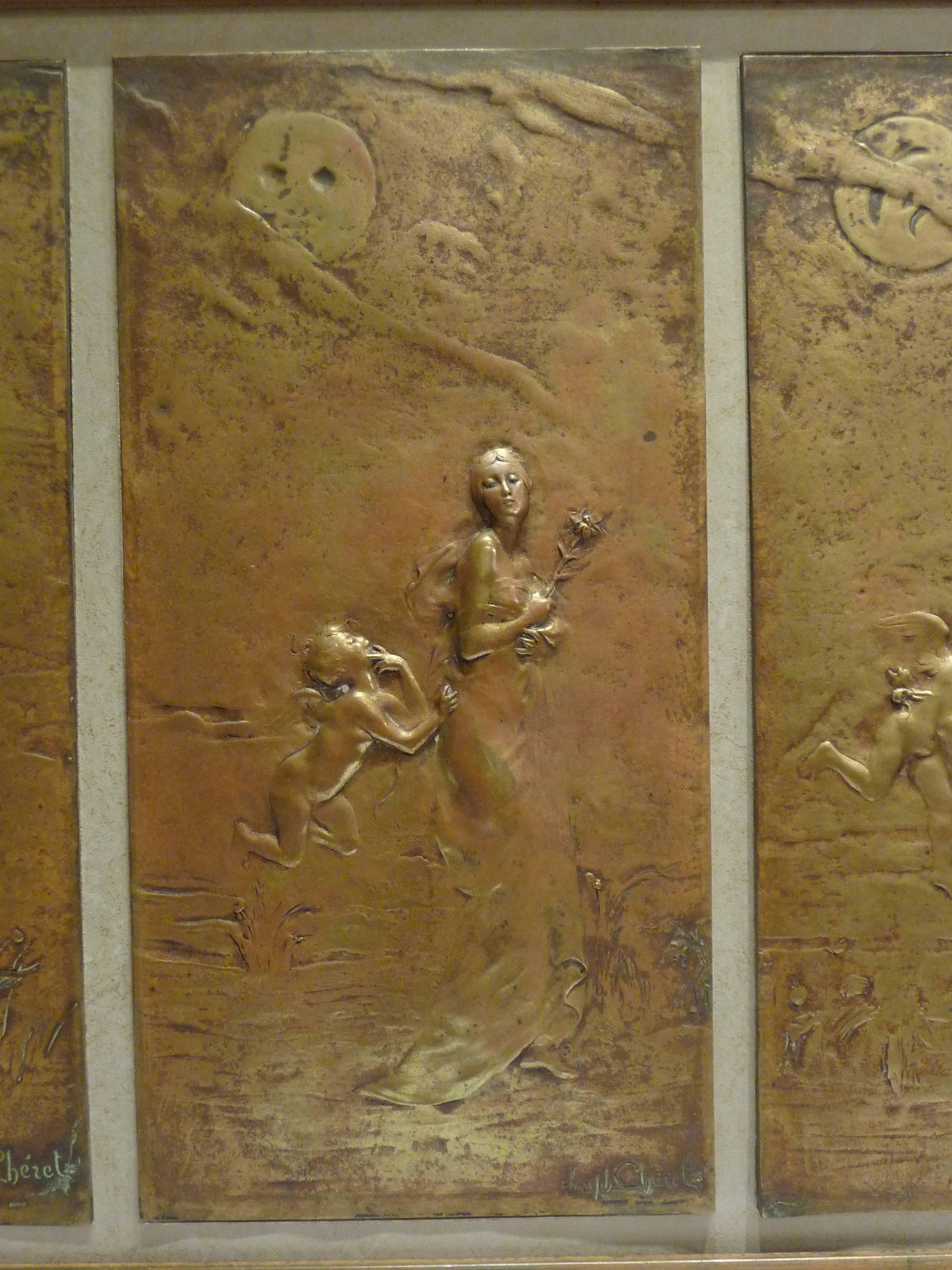French Gustave-Joseph Chéret, an Art Nouveau Patinated Bronze Triptych, Signed For Sale