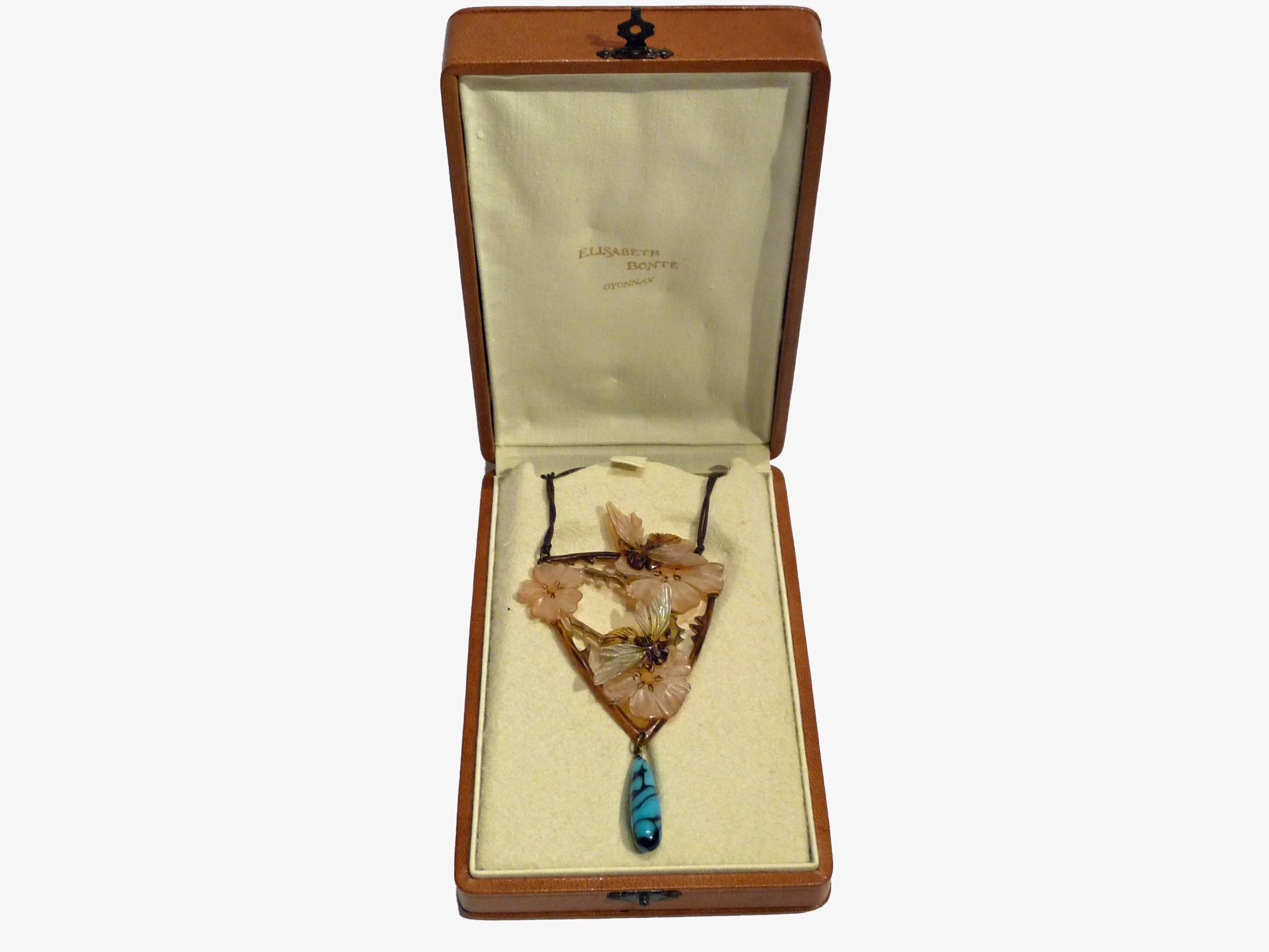 20th Century Elisabeth Bonté, an Art Nouveau Horn and Glass Beads Pendant, Signed For Sale