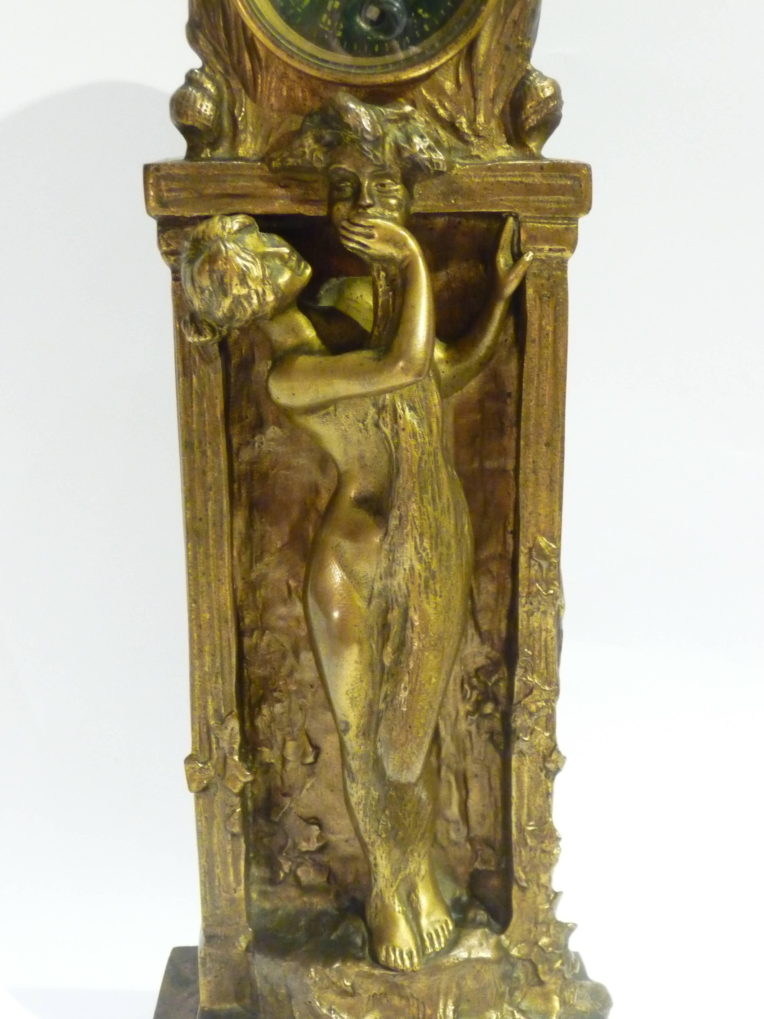 Gilt Charles Korschann, an Art Nouveau Two Patina Bronze Clock, 1897, Signed For Sale