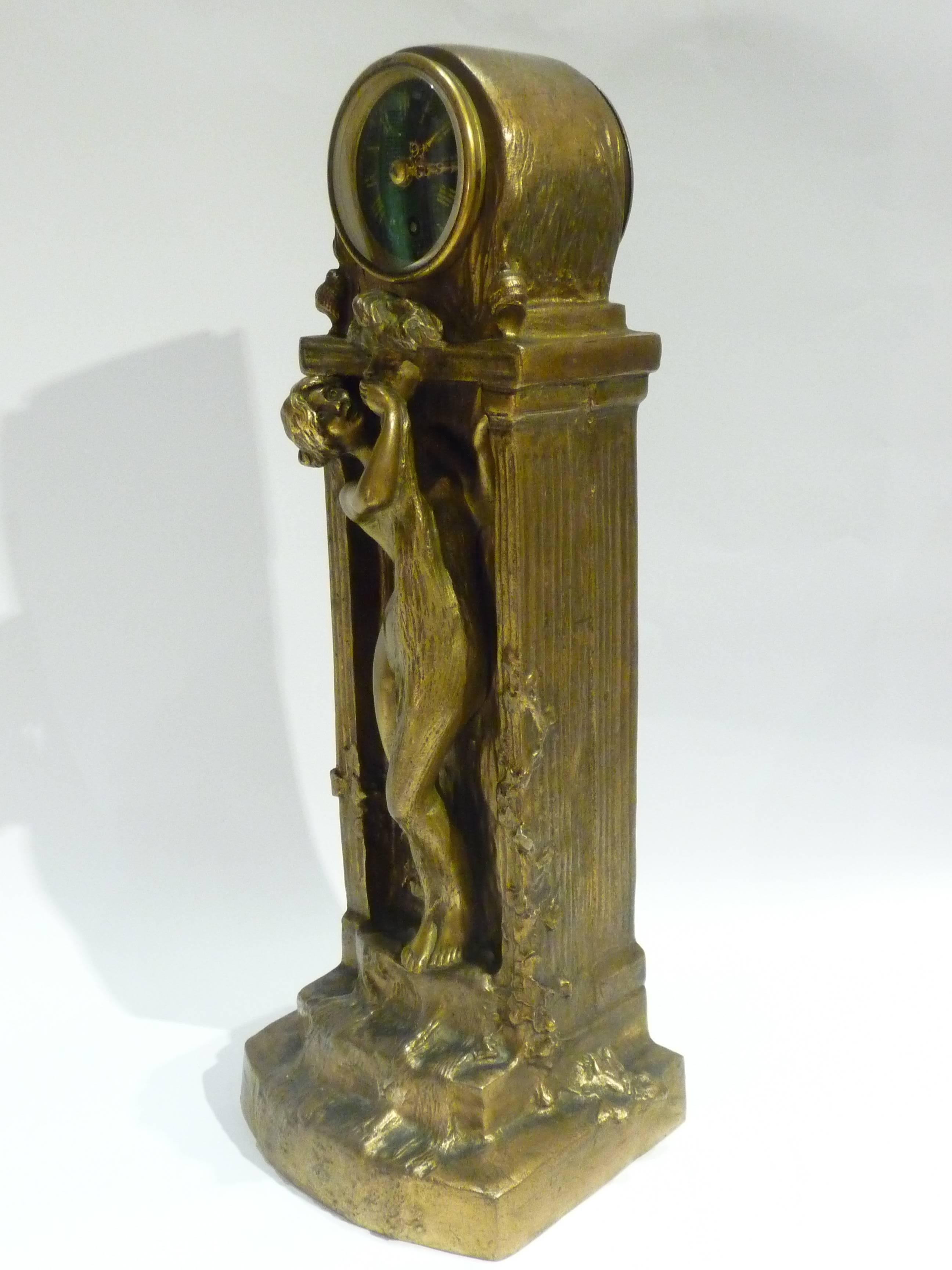 Charles Korschann, an Art Nouveau Two Patina Bronze Clock, 1897, Signed In Good Condition For Sale In Monte Carlo, MC