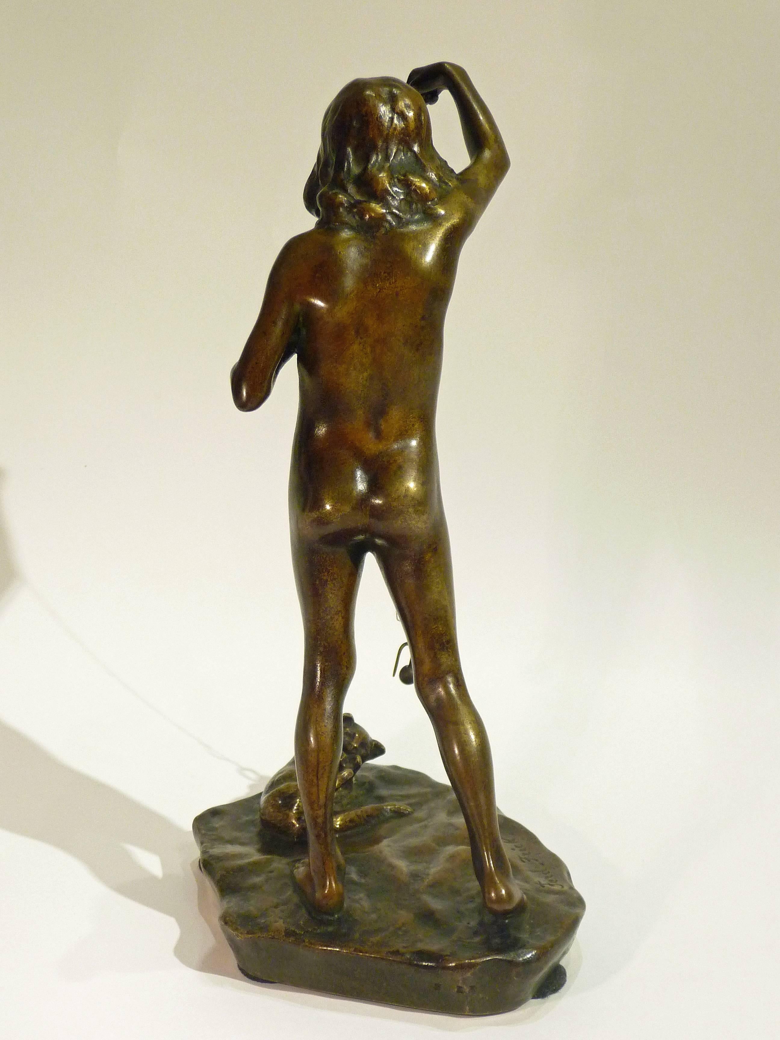 Art Nouveau Ferdinand Frick, Girl Playing with Her Kitty, a Bronze Sculpture, Signed For Sale