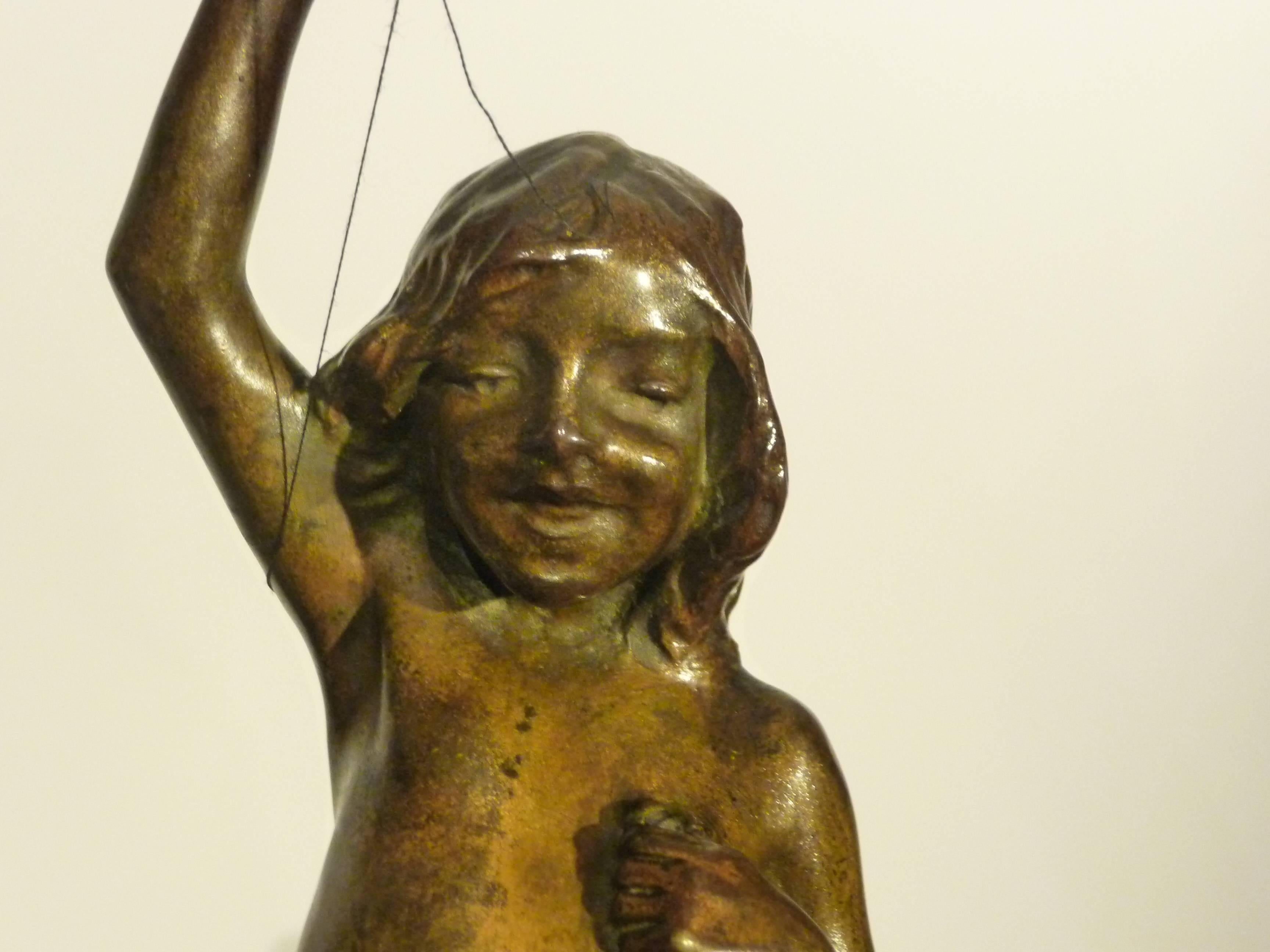 Early 20th Century Ferdinand Frick, Girl Playing with Her Kitty, a Bronze Sculpture, Signed For Sale