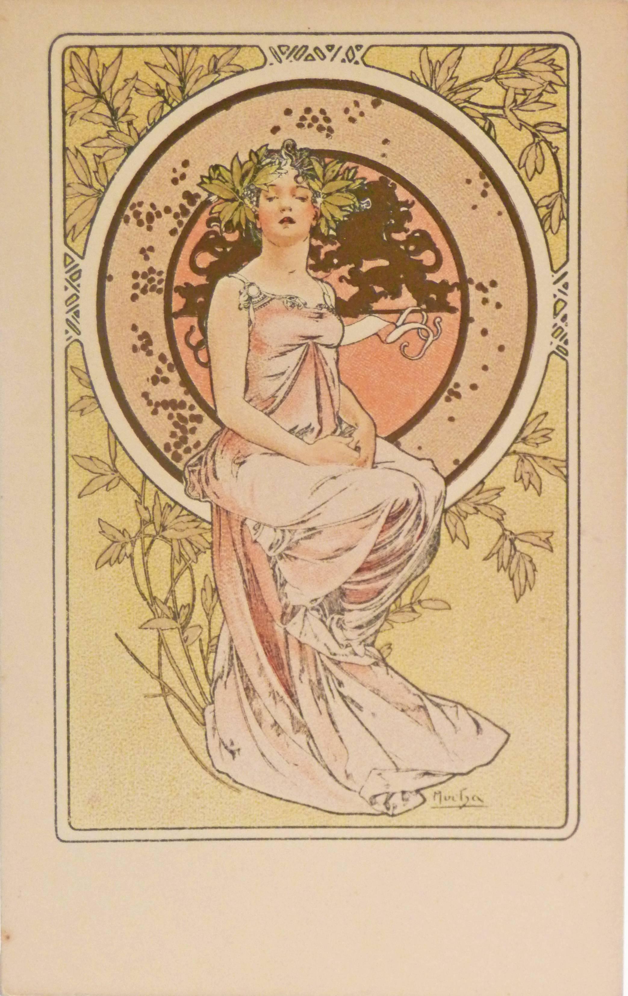 Alfons Mucha
Art Nouveau set of six postcards
Banquet offert à Mrs Montholon et Maurice Mouthiers
Le vent qui passe emporte la jeunesse
Rêverie
Fleur de cerisier 
Femme et nénuphar
Grand bazar et nouvelles galeries

Individual price upon