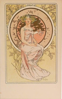 Alfons Mucha, Art Nouveau Set of Six Postcards, Signed