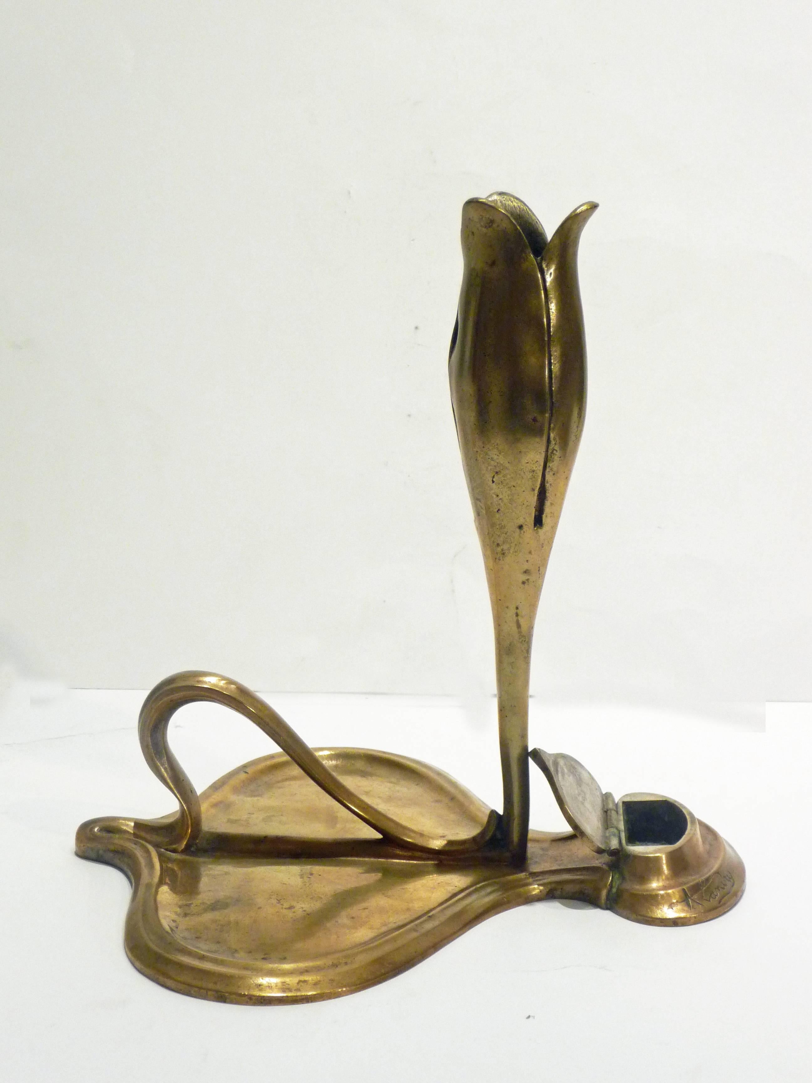 French Abel Landry, an Art Nouveau Gilt Bronze Candlestick, Signed For Sale