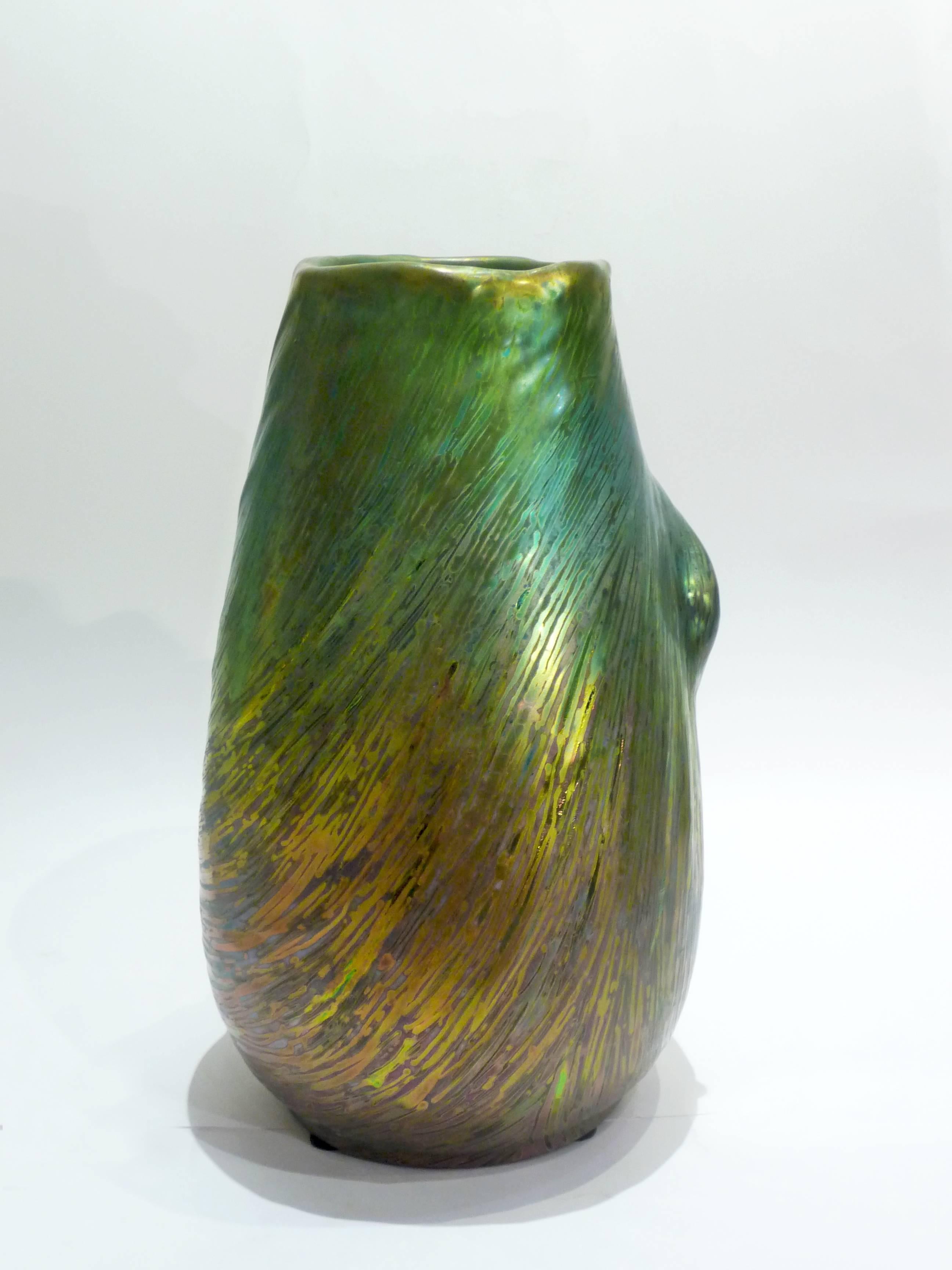 French Clément Massier, Alexandre Vibert, Art Nouveau Iridescent Ceramic Vase, Signed For Sale