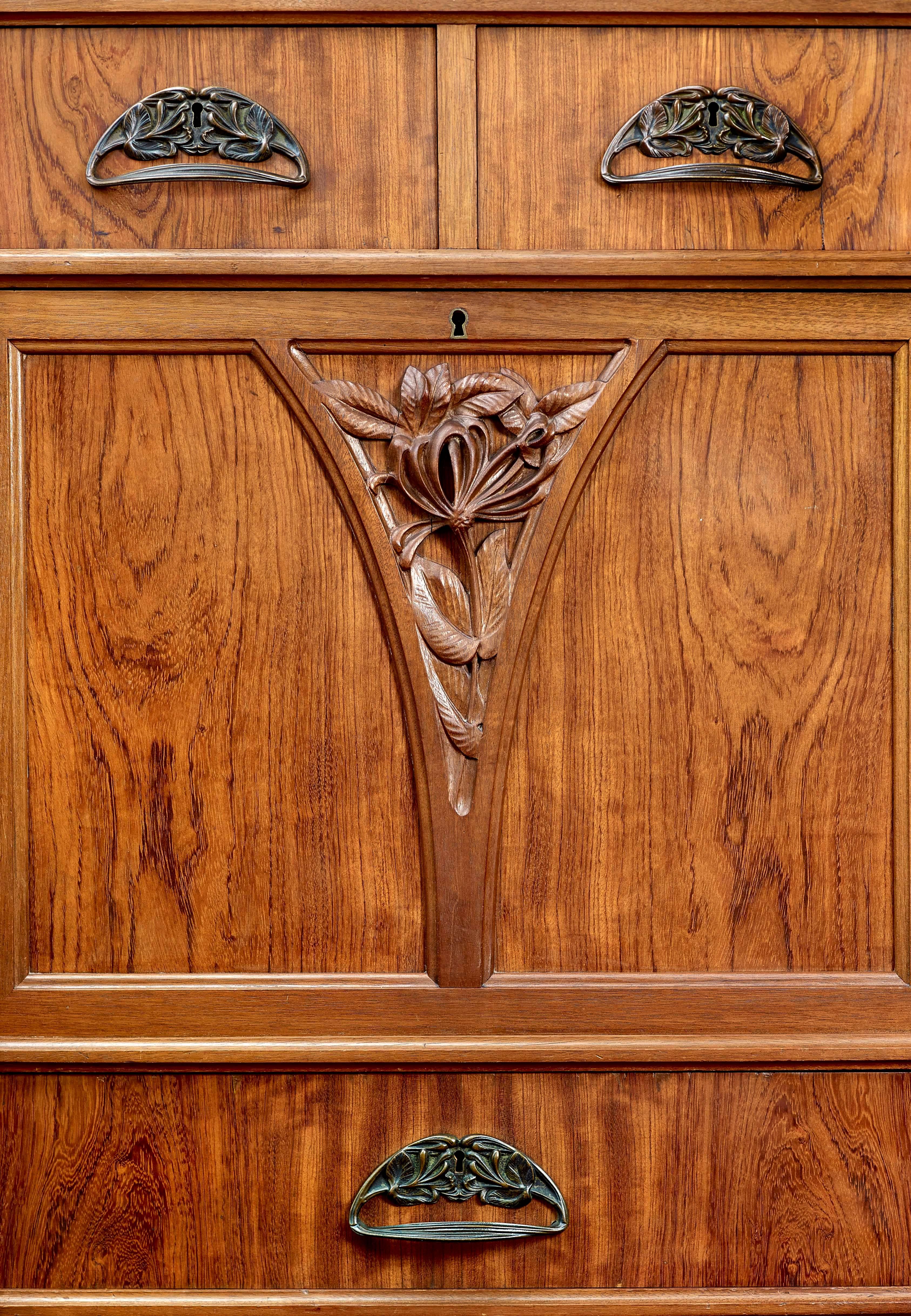 French Camille Gaulthier, an Art Nouveau Carved Walnut Secretaire For Sale
