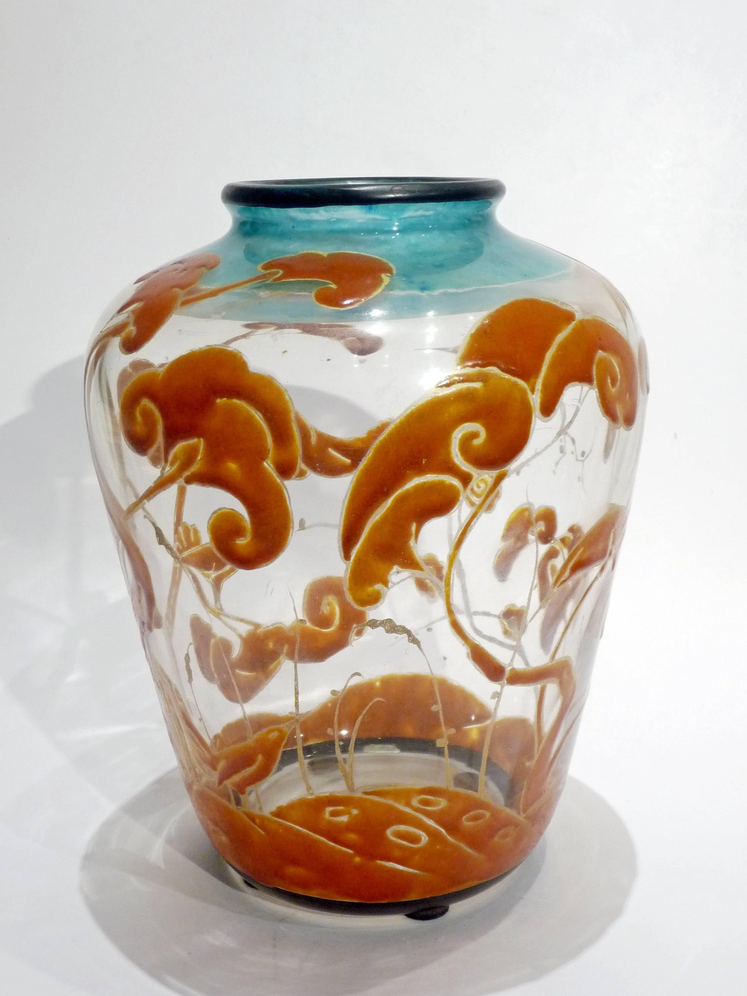 French Marcel Goupy, an Art Nouveau Vase with an Enamel Polychrome Decoration, Signed For Sale