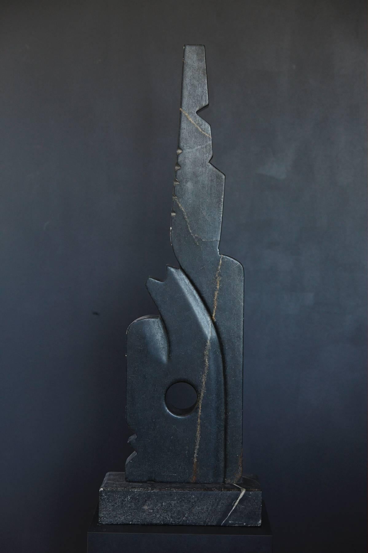 Modern Abstract Anthracite/Green Marble Sculpture, 1991, Signed