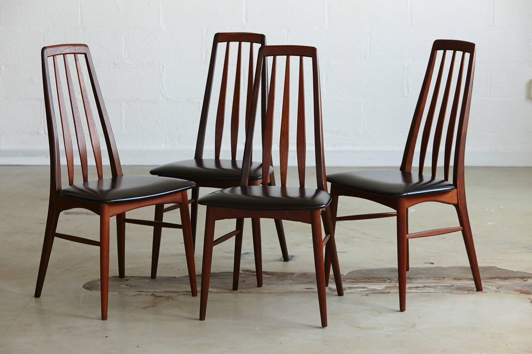 Beautiful set of four 'Eva' dining chairs in teak, designed by Niels Koefoed and manufactured by Koefoed Hornslet in Denmark, circa 1960s. 
all chairs show the 'Made in Denmark' stamp and the maker's mark.