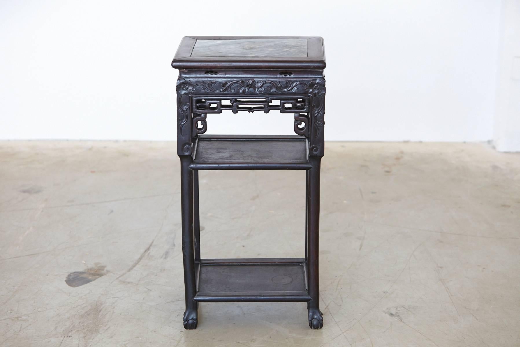 Ebonized Chinese 19th Century Carved Rectangular Hardwood Table with Marble Inset