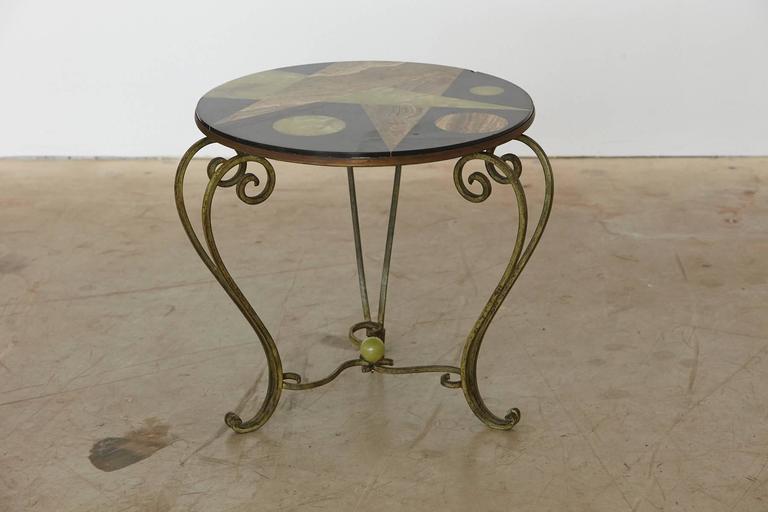 Wrought Iron Side Table with Black Marble Top and Geometric Inlays